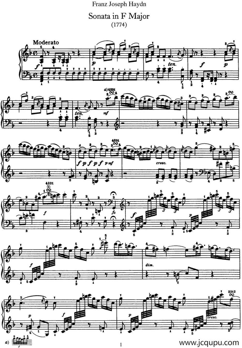 海顿 钢琴奏鸣曲 Hob XVI 29 in F major简谱