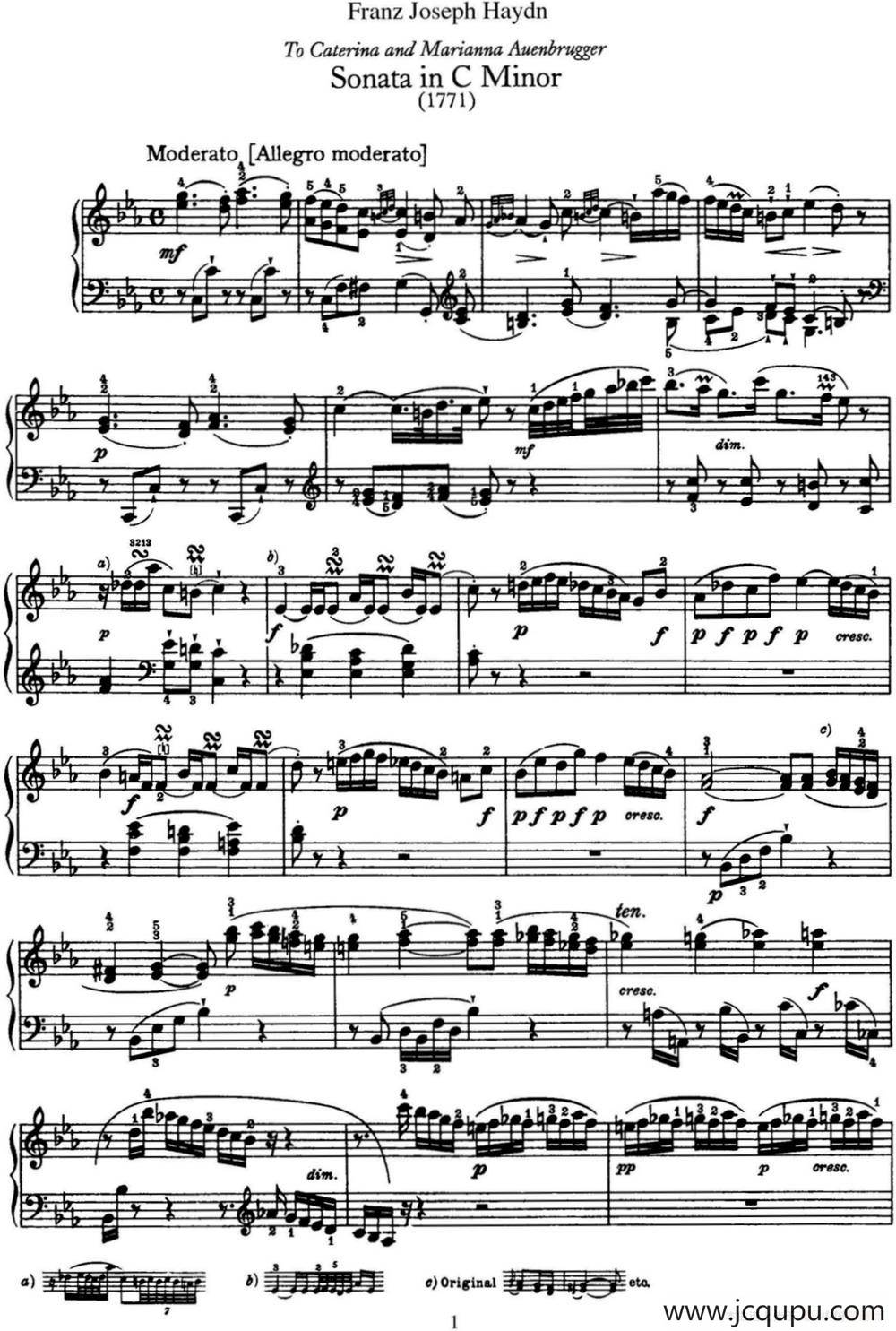 海顿 钢琴奏鸣曲 Hob XVI 20 in C minor简谱