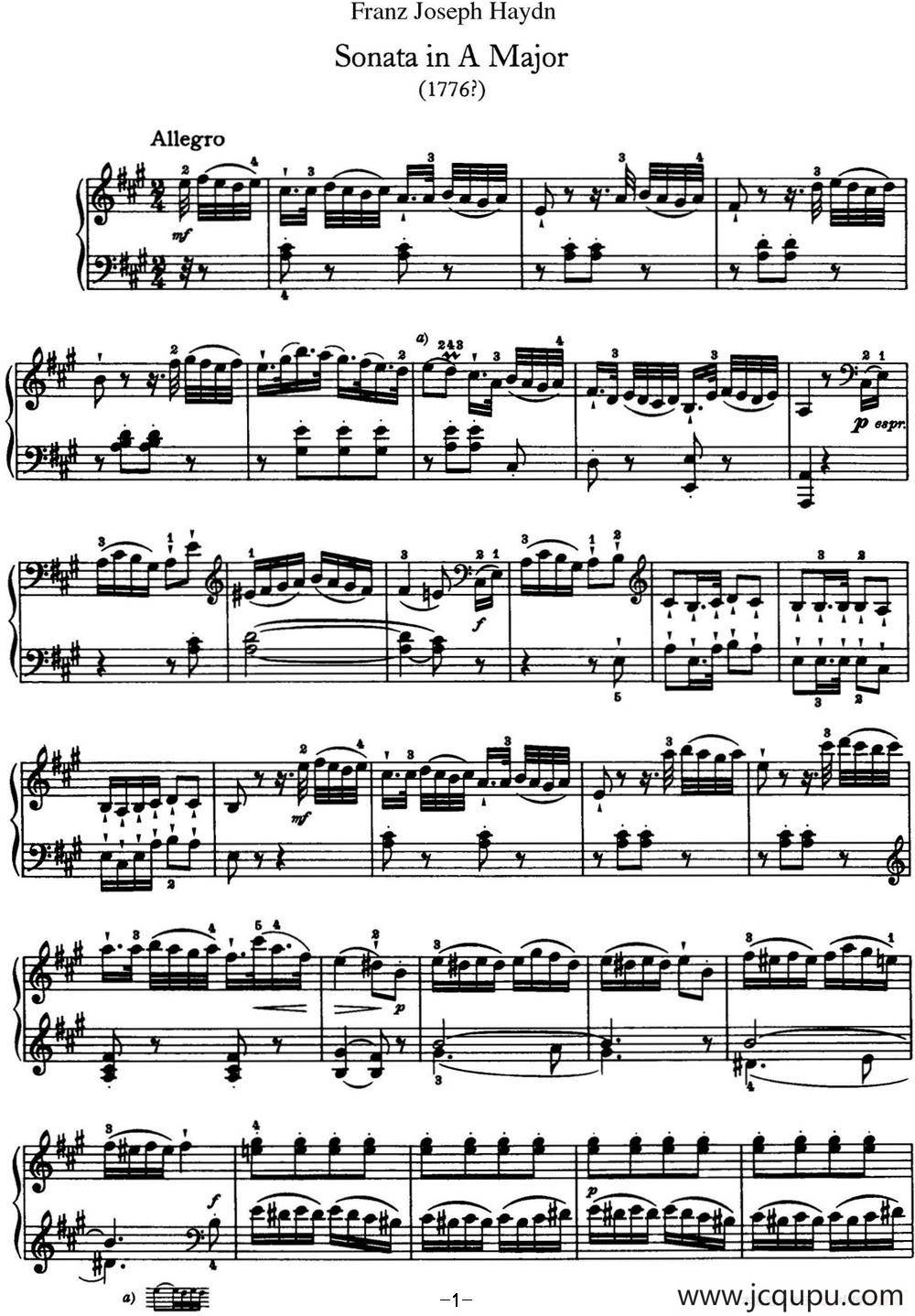 海顿 钢琴奏鸣曲 Hob XVI 30 in A major简谱