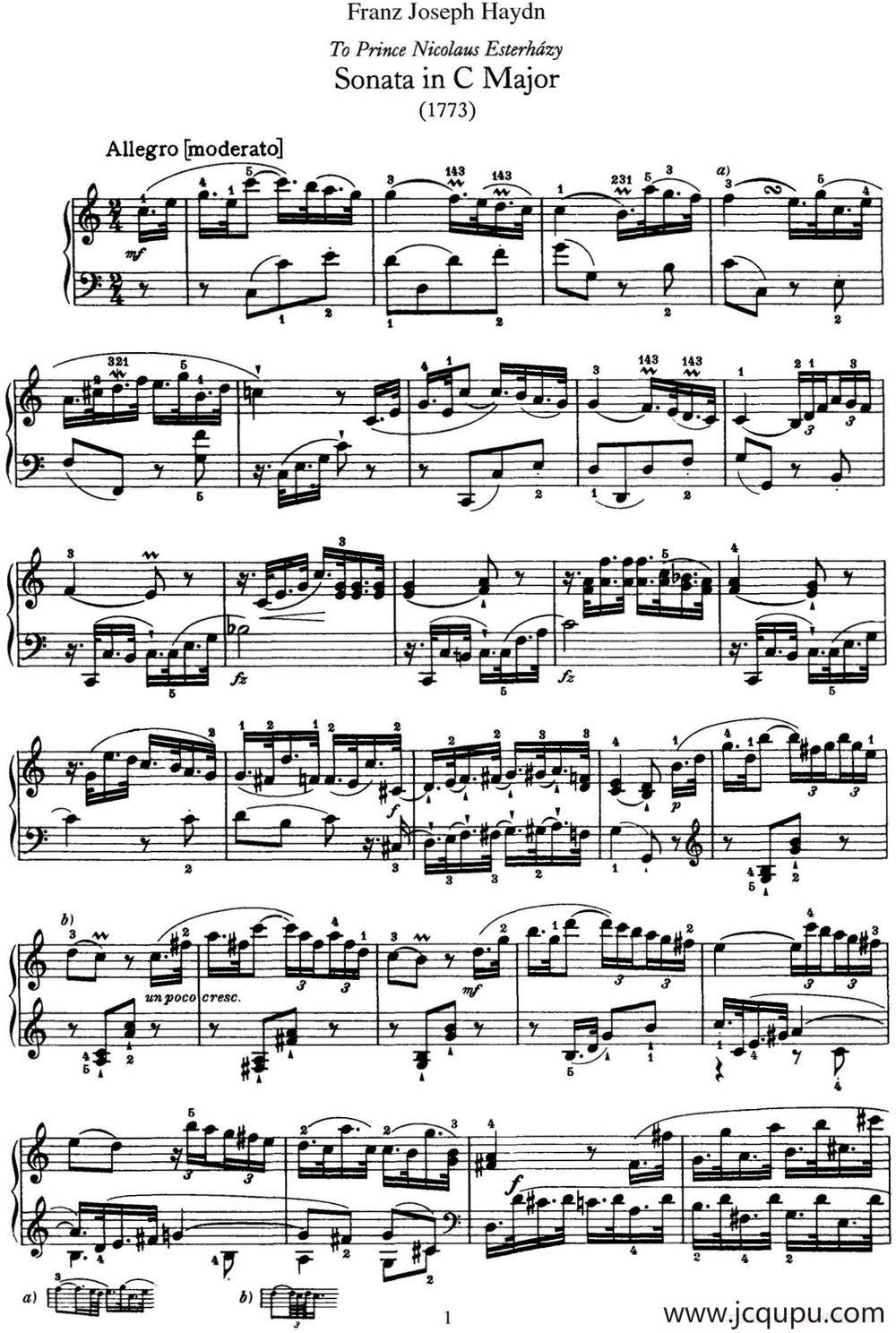 海顿 钢琴奏鸣曲 Hob XVI 21 in C major简谱