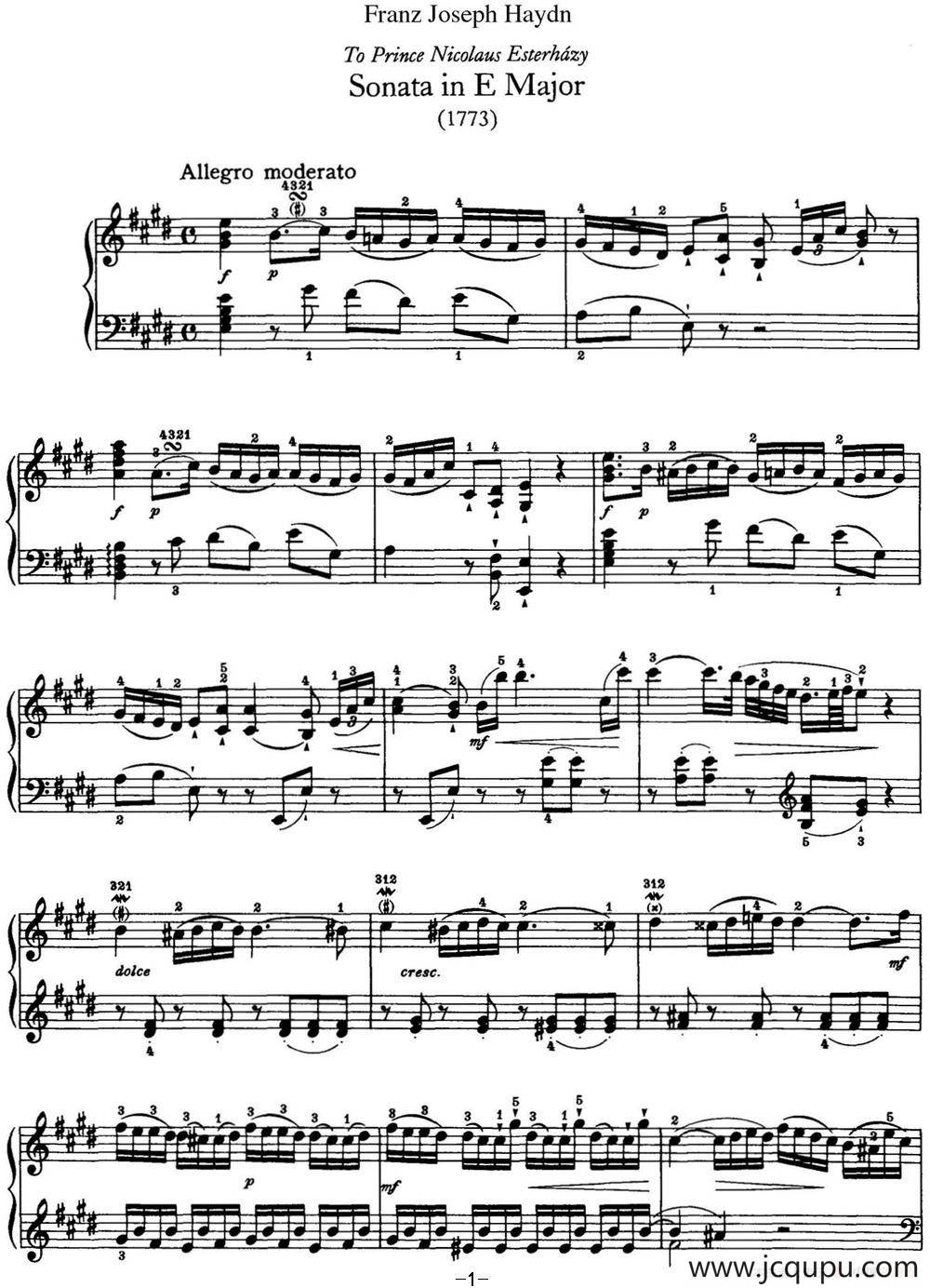 海顿 钢琴奏鸣曲 Hob XVI 22 in E major简谱