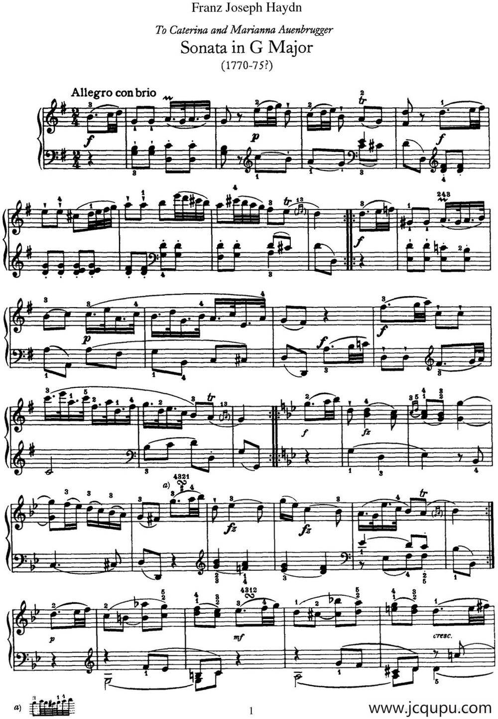 海顿 钢琴奏鸣曲 Hob XVI 39 in G major简谱