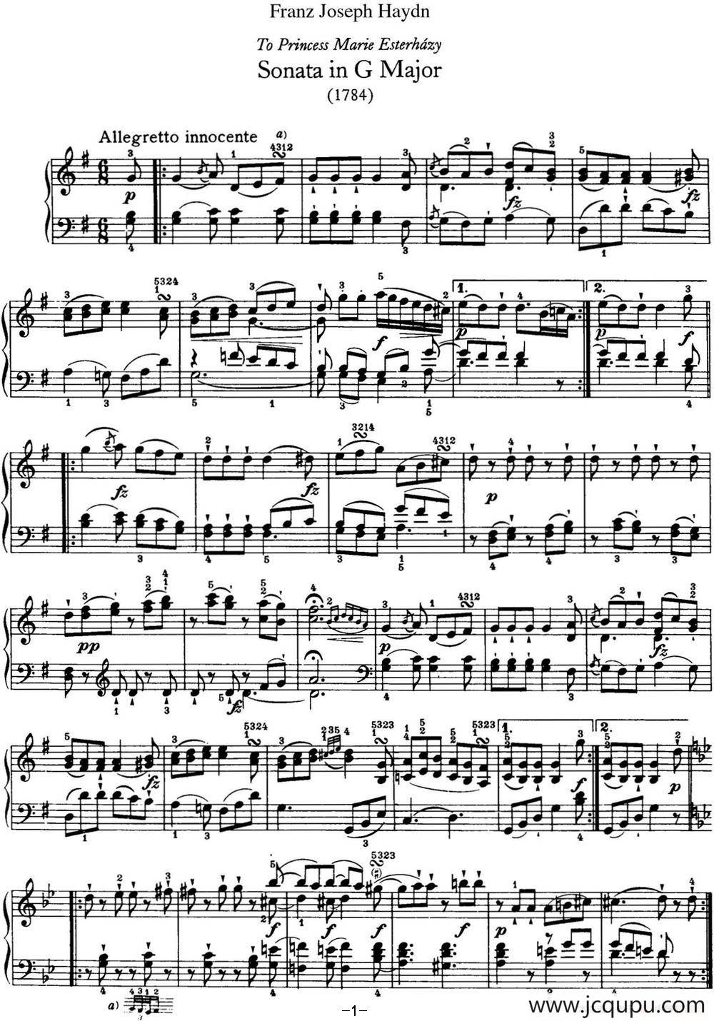 海顿 钢琴奏鸣曲 Hob XVI 40 in G major简谱