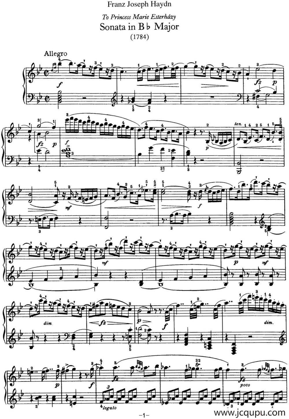 海顿 钢琴奏鸣曲 Hob XVI 41 in B-flat major简谱