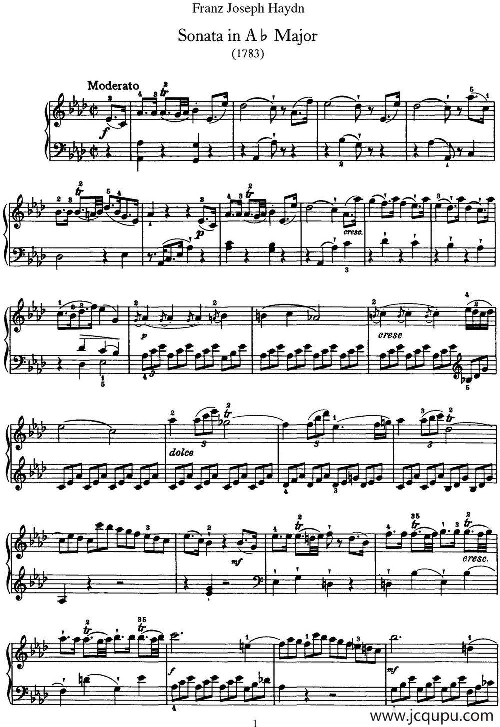 海顿 钢琴奏鸣曲 Hob XVI 43 in A-flat major简谱