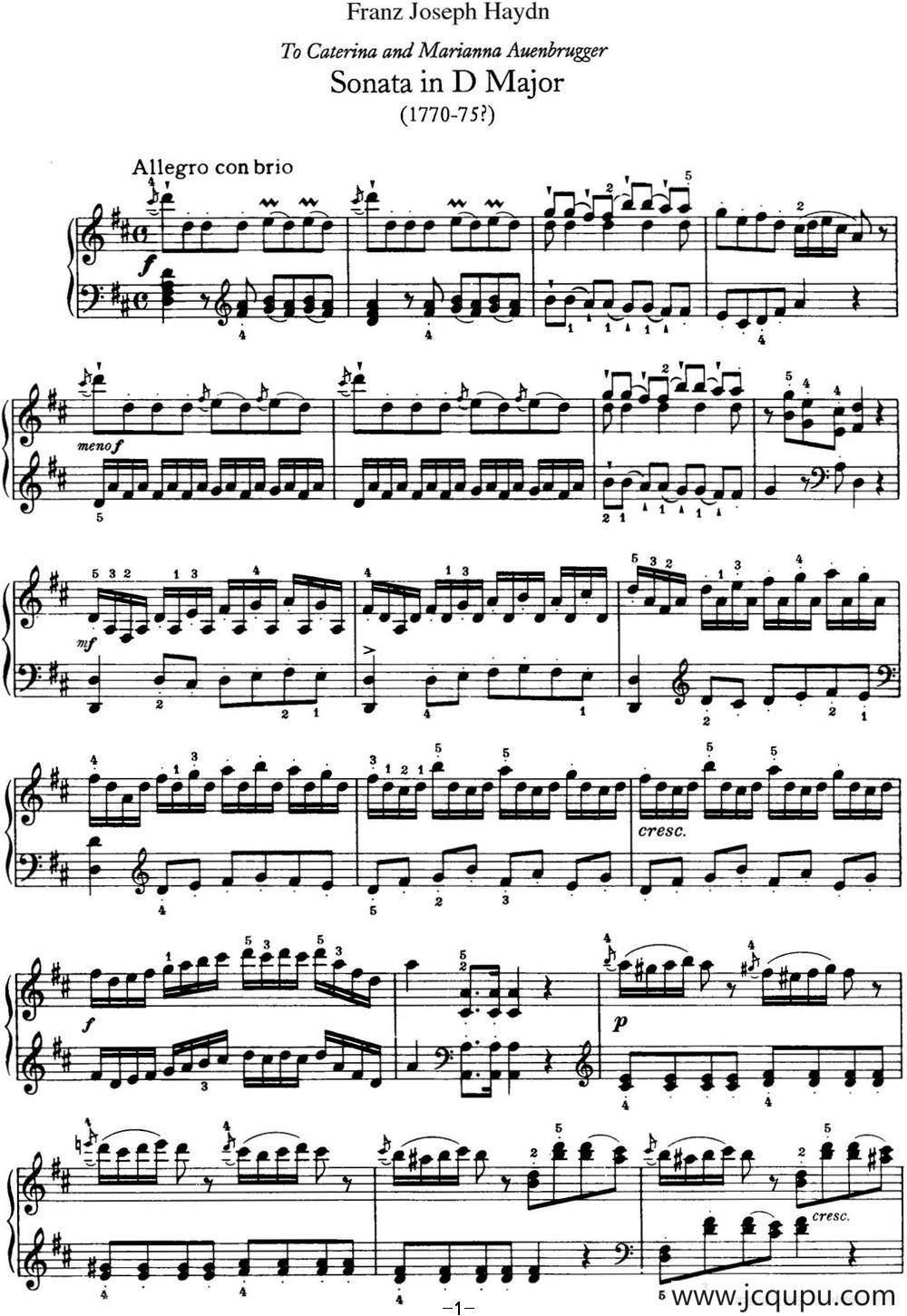 海顿 钢琴奏鸣曲 Hob XVI 37 in D major简谱