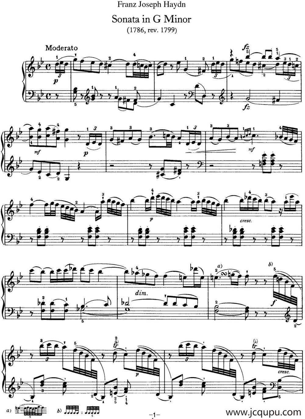 海顿 钢琴奏鸣曲 Hob XVI 44 in G minor简谱