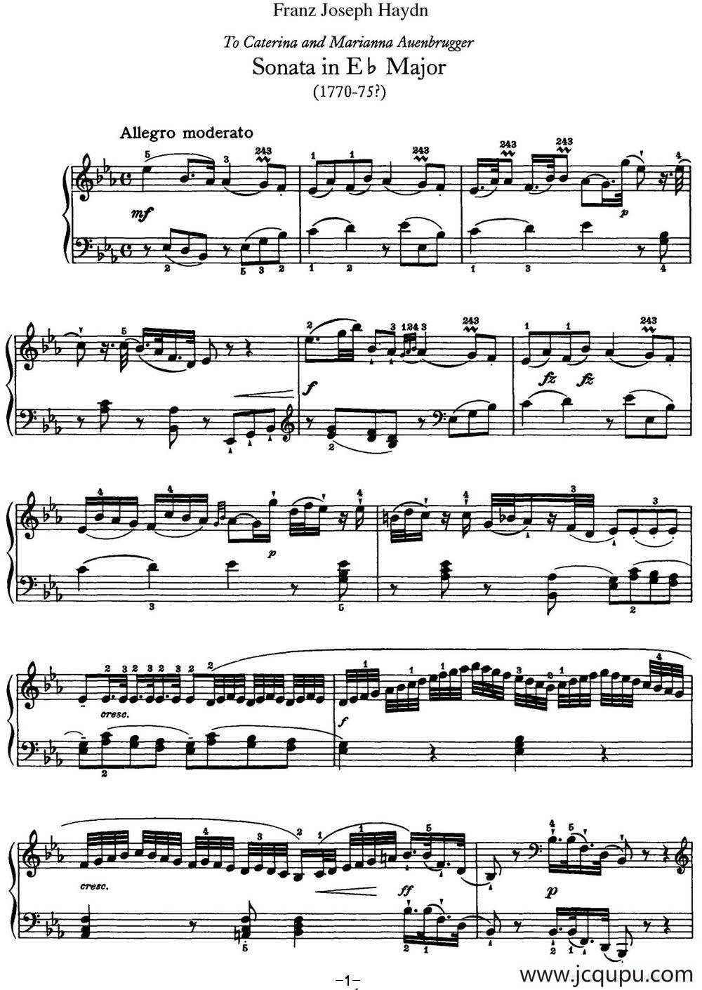 海顿 钢琴奏鸣曲 Hob XVI 38 in E-flat major简谱