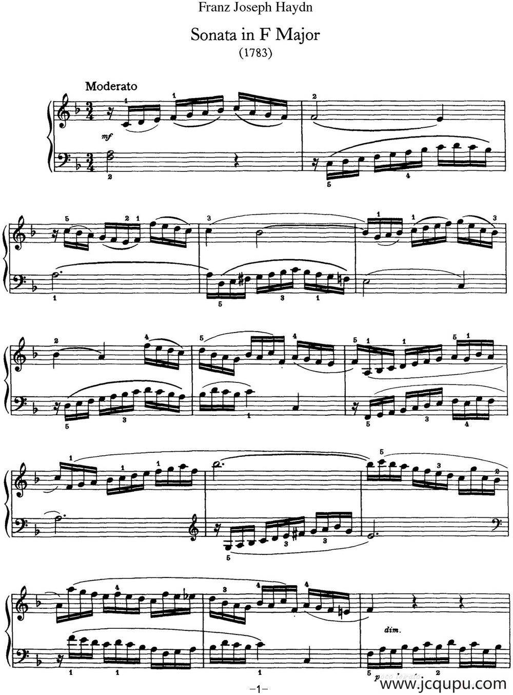 海顿 钢琴奏鸣曲 Hob XVI 47 in F major简谱