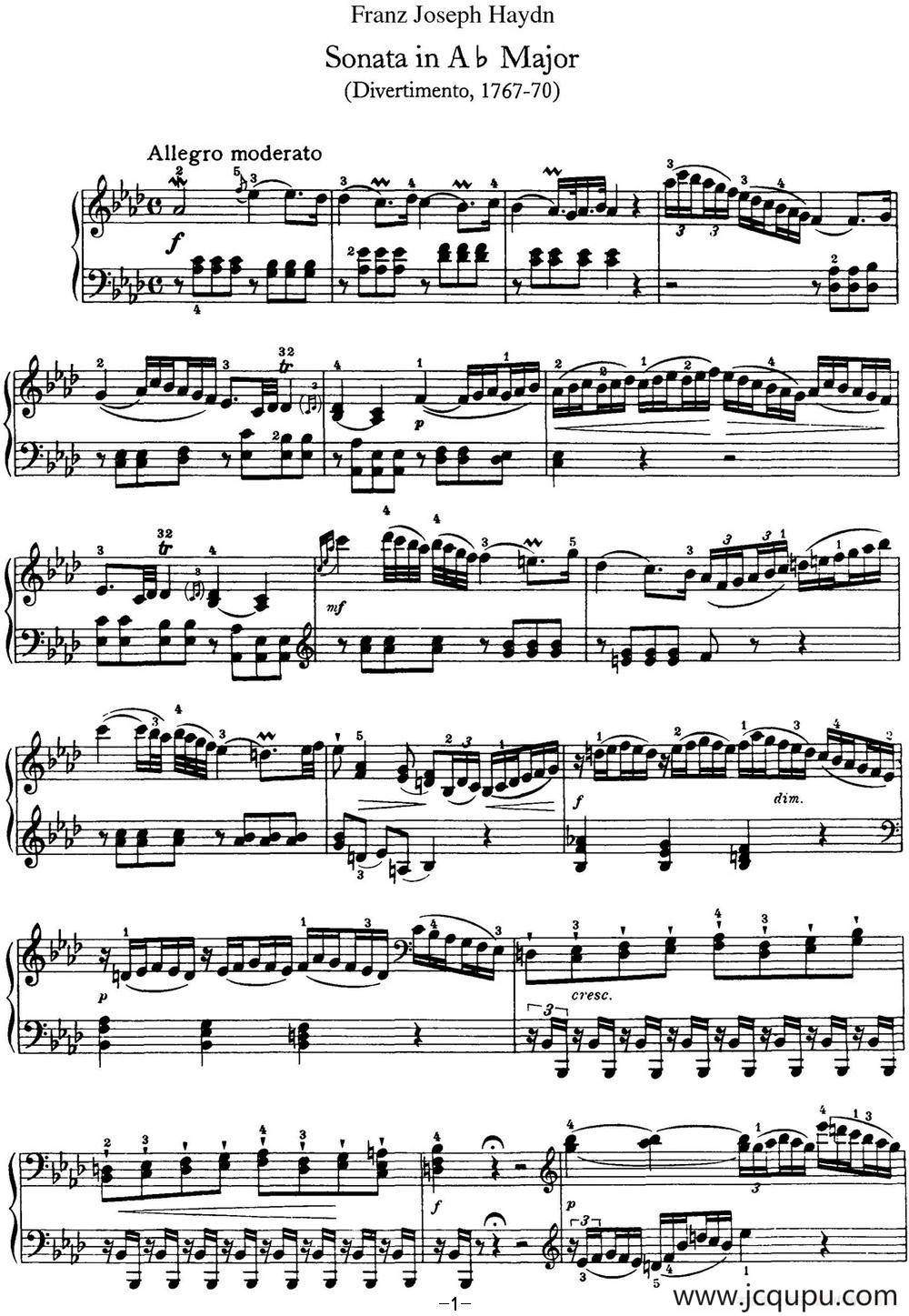 海顿 钢琴奏鸣曲 Hob XVI 46 Divertimento Ab major简谱