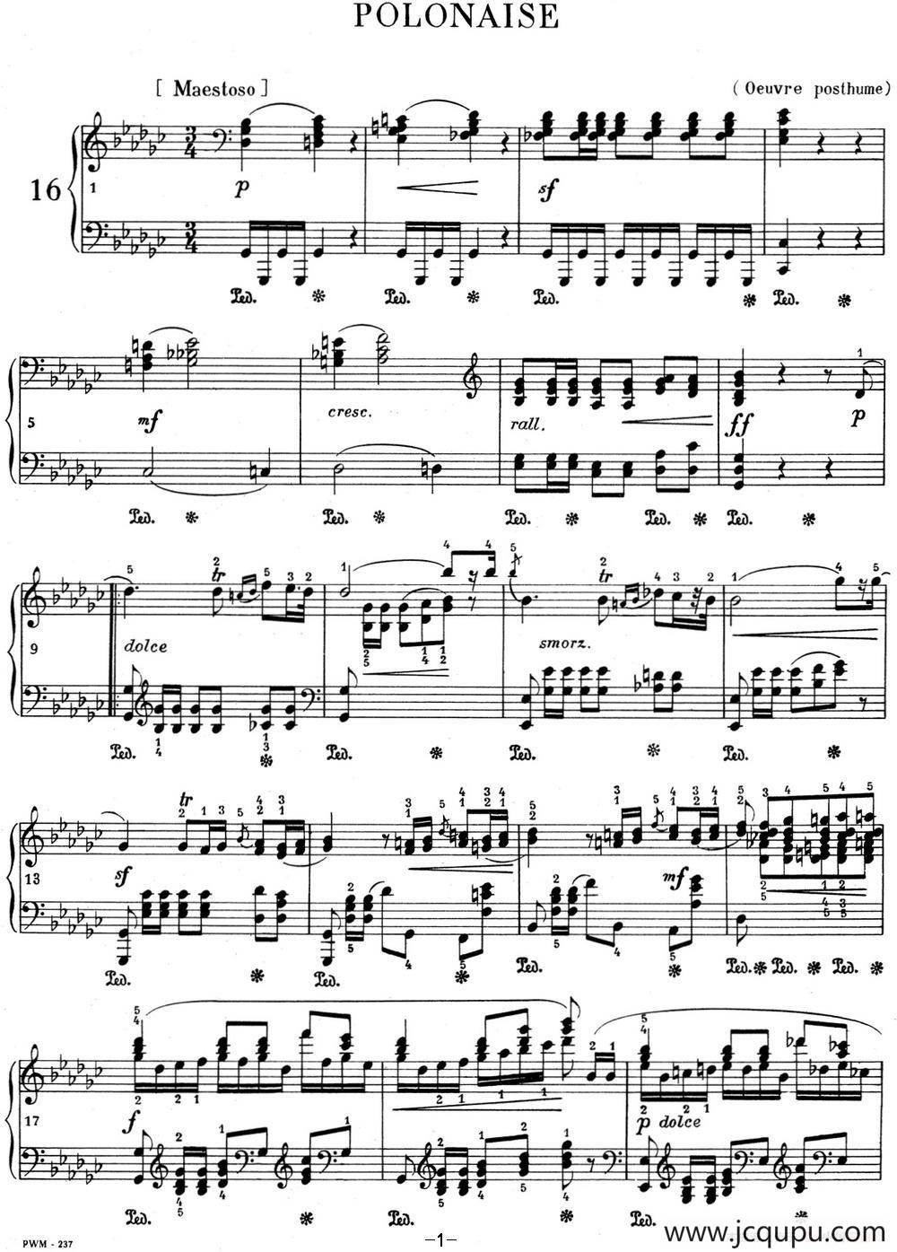 肖邦 波兰舞曲 Op.posth.P.1 No.8 降G大调简谱