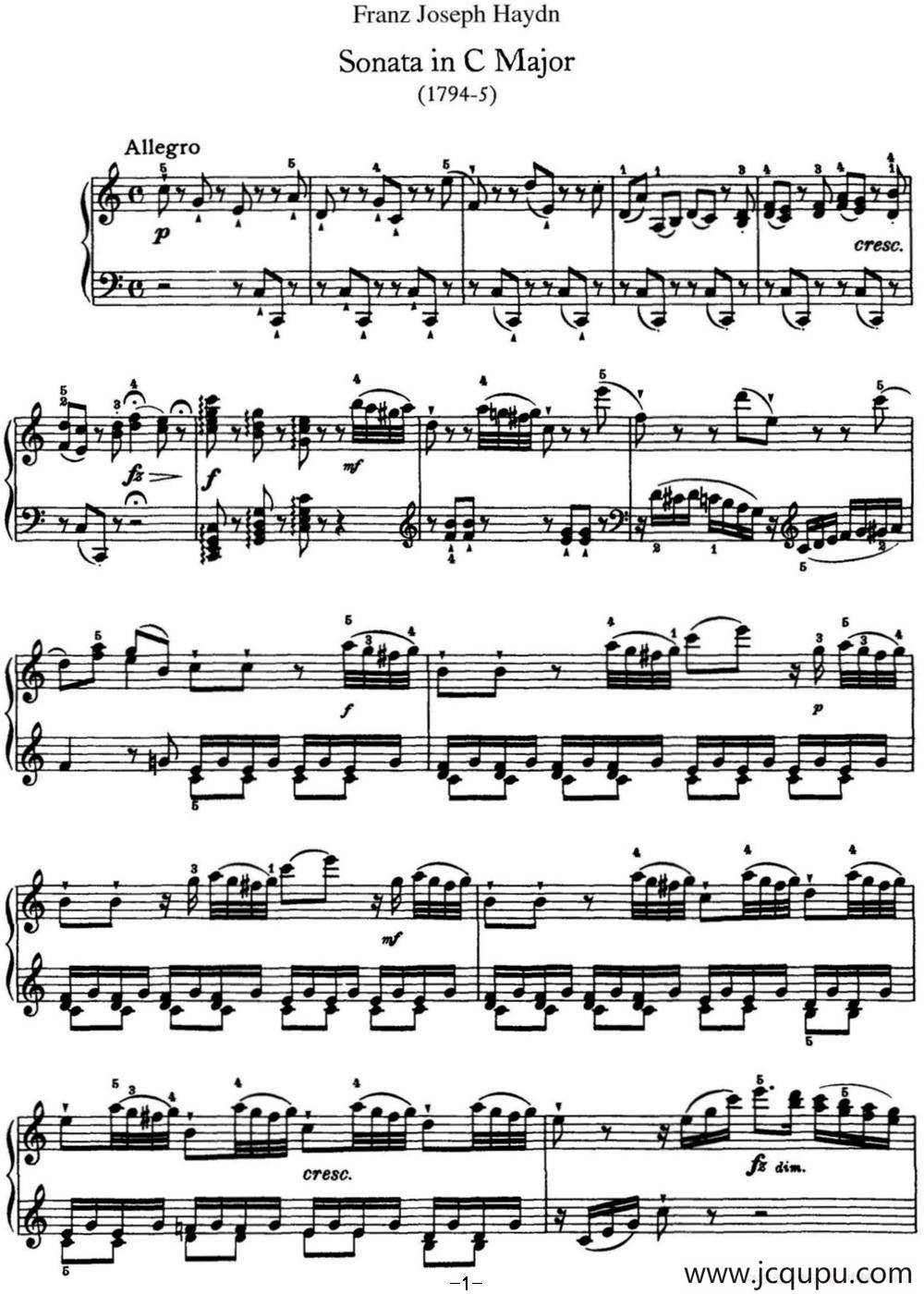 海顿 钢琴奏鸣曲 Hob XVI 50 in C major简谱