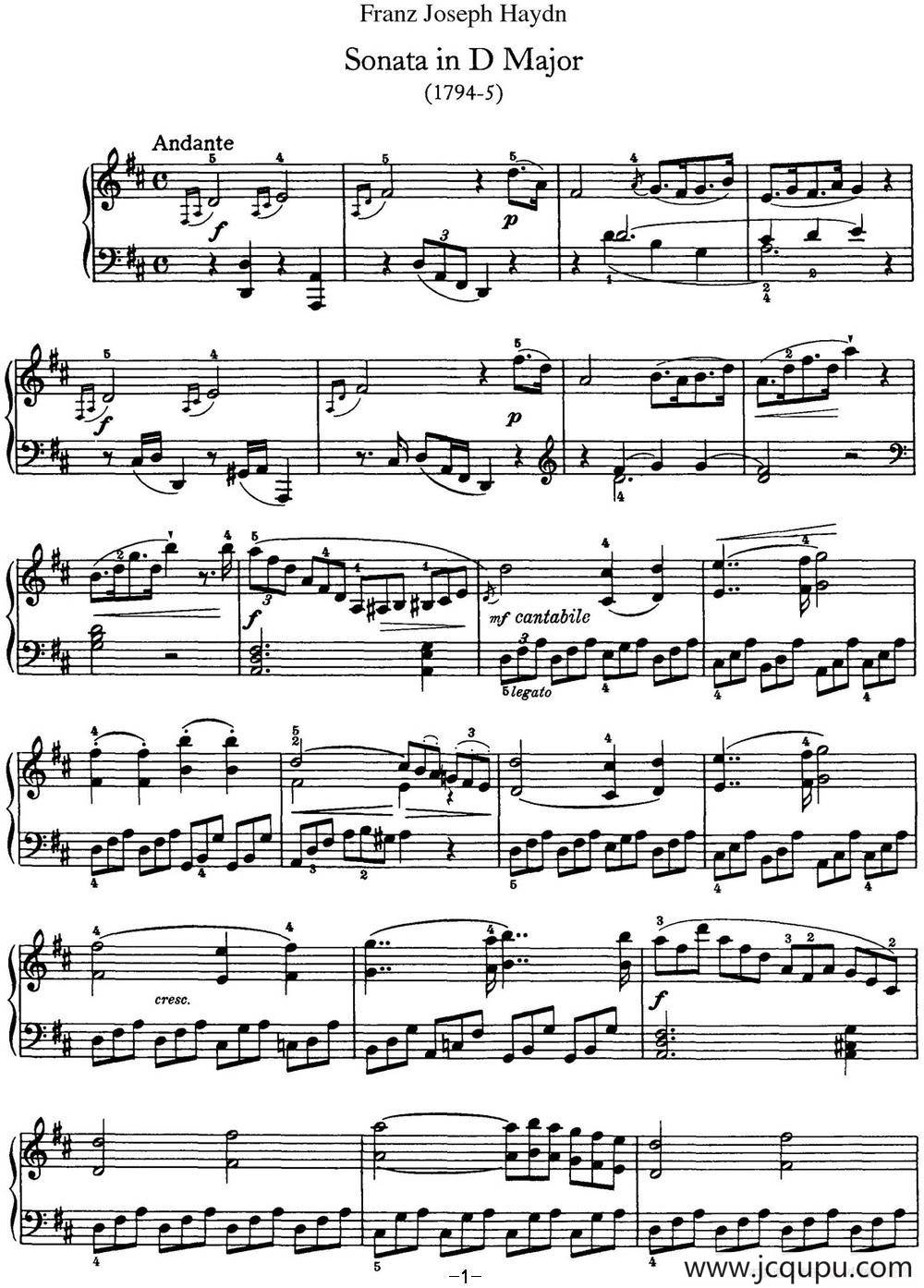 海顿 钢琴奏鸣曲 Hob XVI 51 in D major简谱