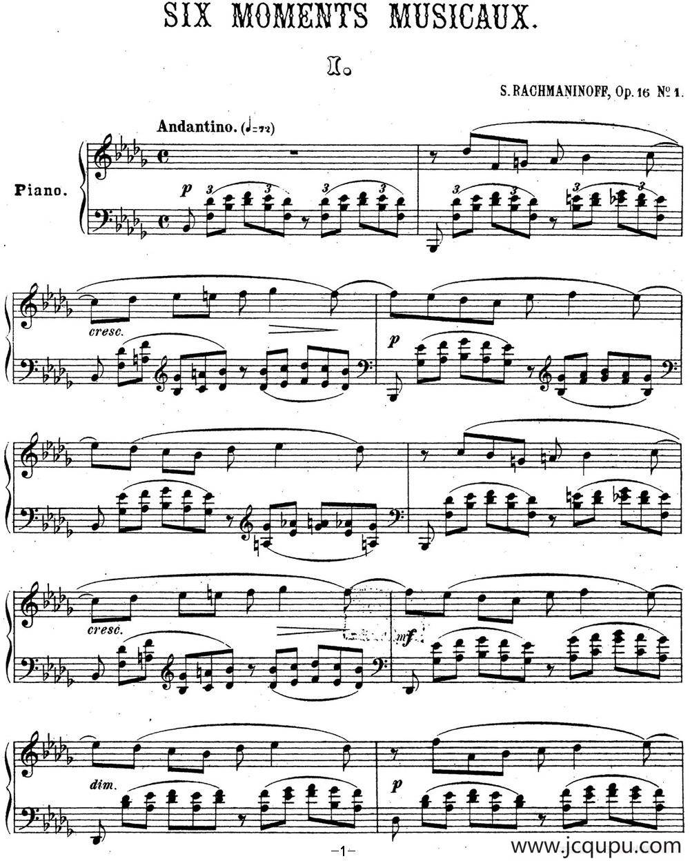 拉赫玛尼诺夫 音乐瞬间 Op.16 No.1 降b小调简谱