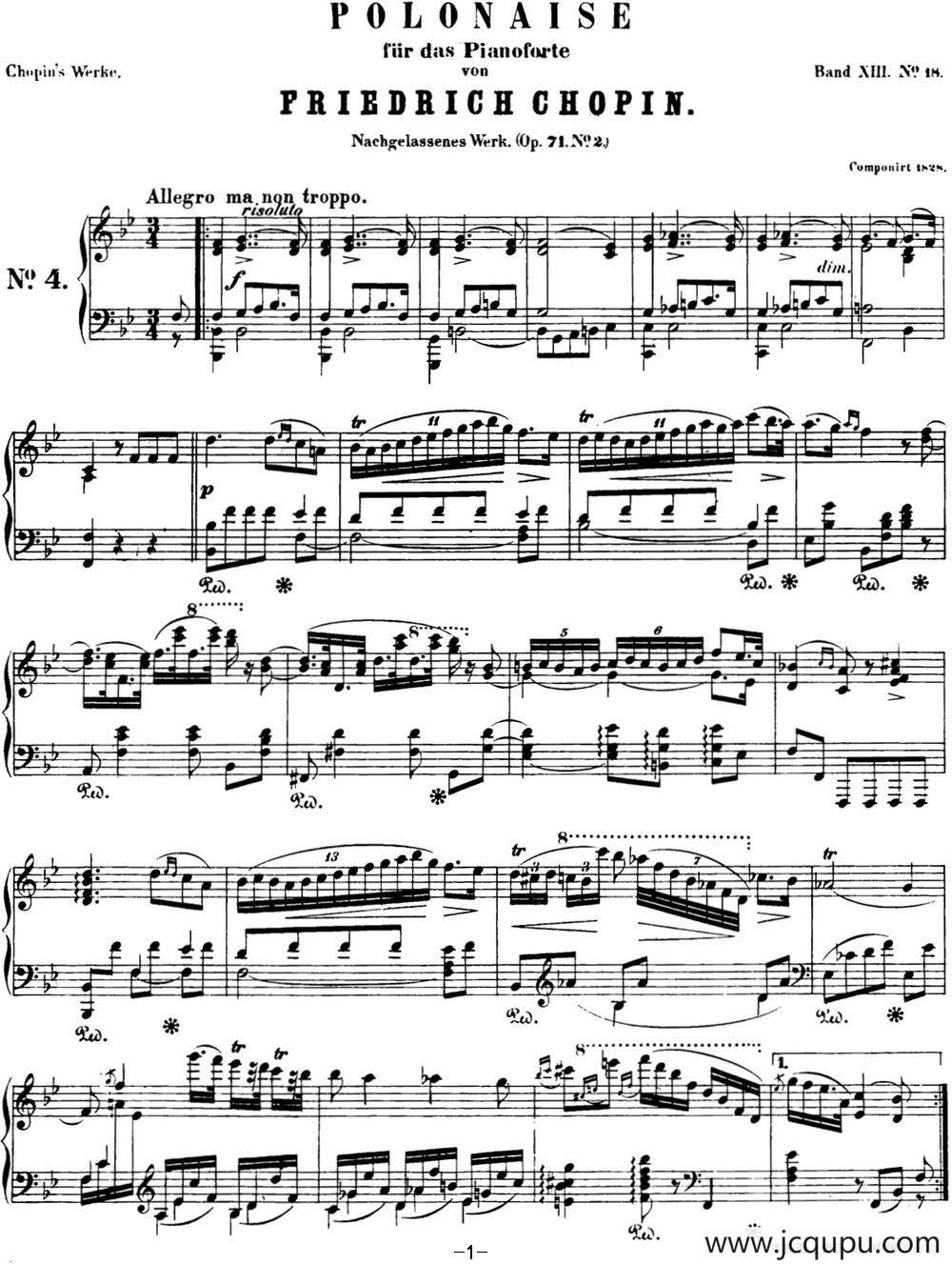 肖邦 波兰舞曲 Op.posth.71 No.2 降B大调简谱