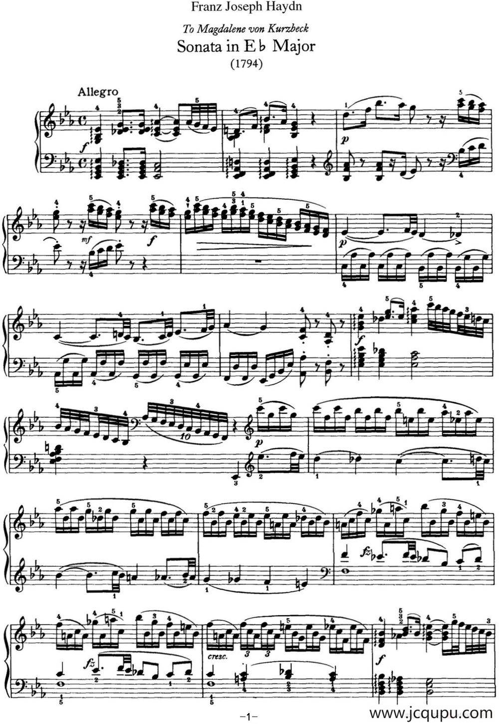 海顿 钢琴奏鸣曲 Hob XVI 52 in E-flat major简谱