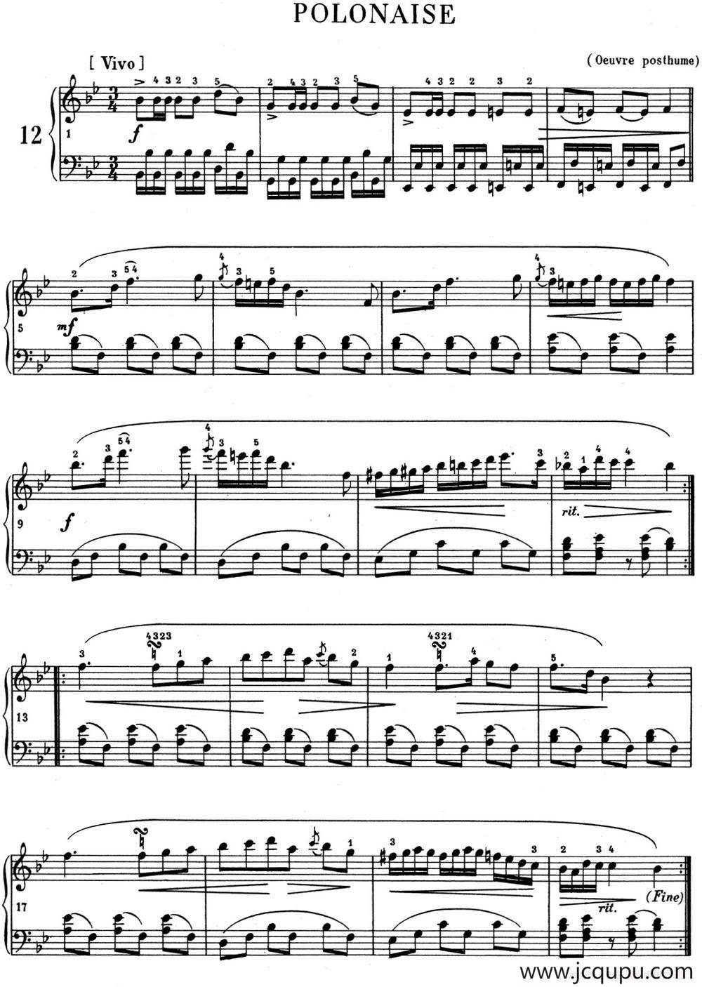 肖邦 波兰舞曲 Op.posth.P.1 No.1 降B大调简谱