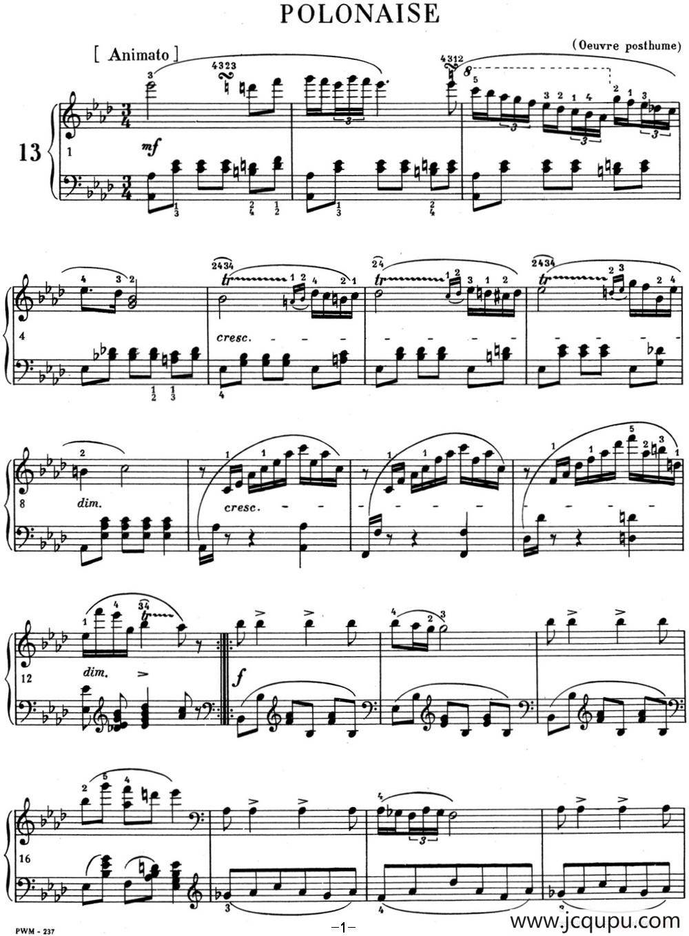 肖邦 波兰舞曲 Op.posth.P.1 No.2 降A大调简谱