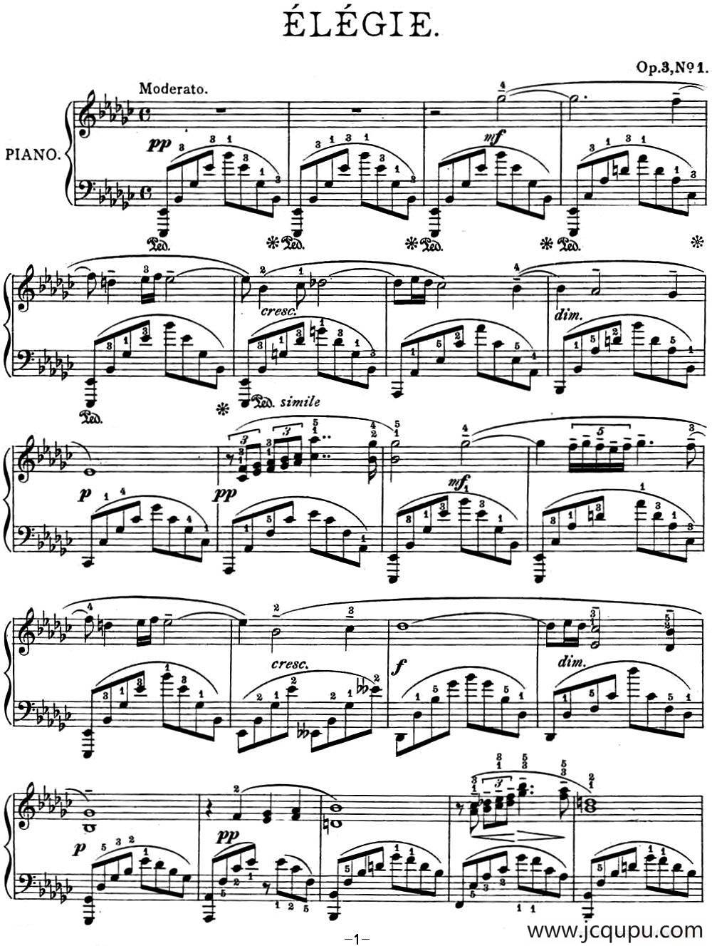 拉赫玛尼诺夫 幻想小品集 Op.3 No.1 悲歌 降e小调简谱