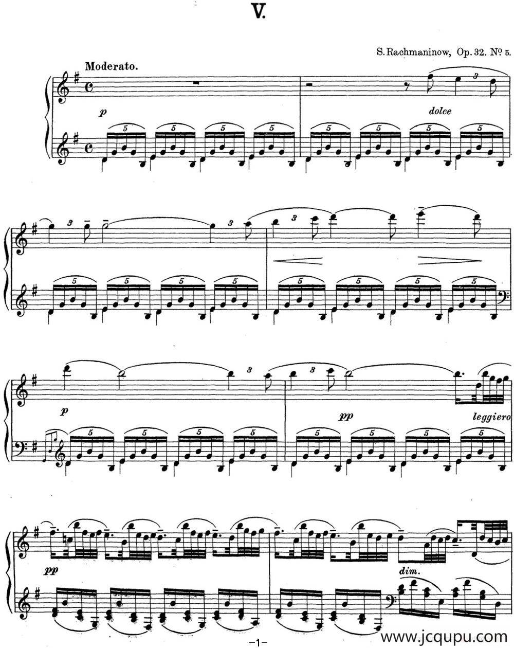 拉赫玛尼诺夫 钢琴前奏曲16 G大调 Op.32 No.5简谱