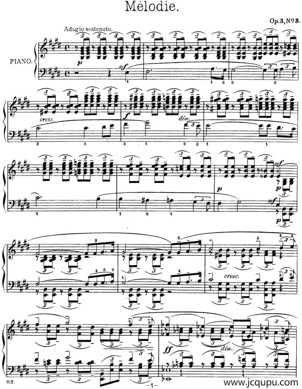 拉赫玛尼诺夫 幻想小品集 Op.3 No.3 旋律 E大调简谱