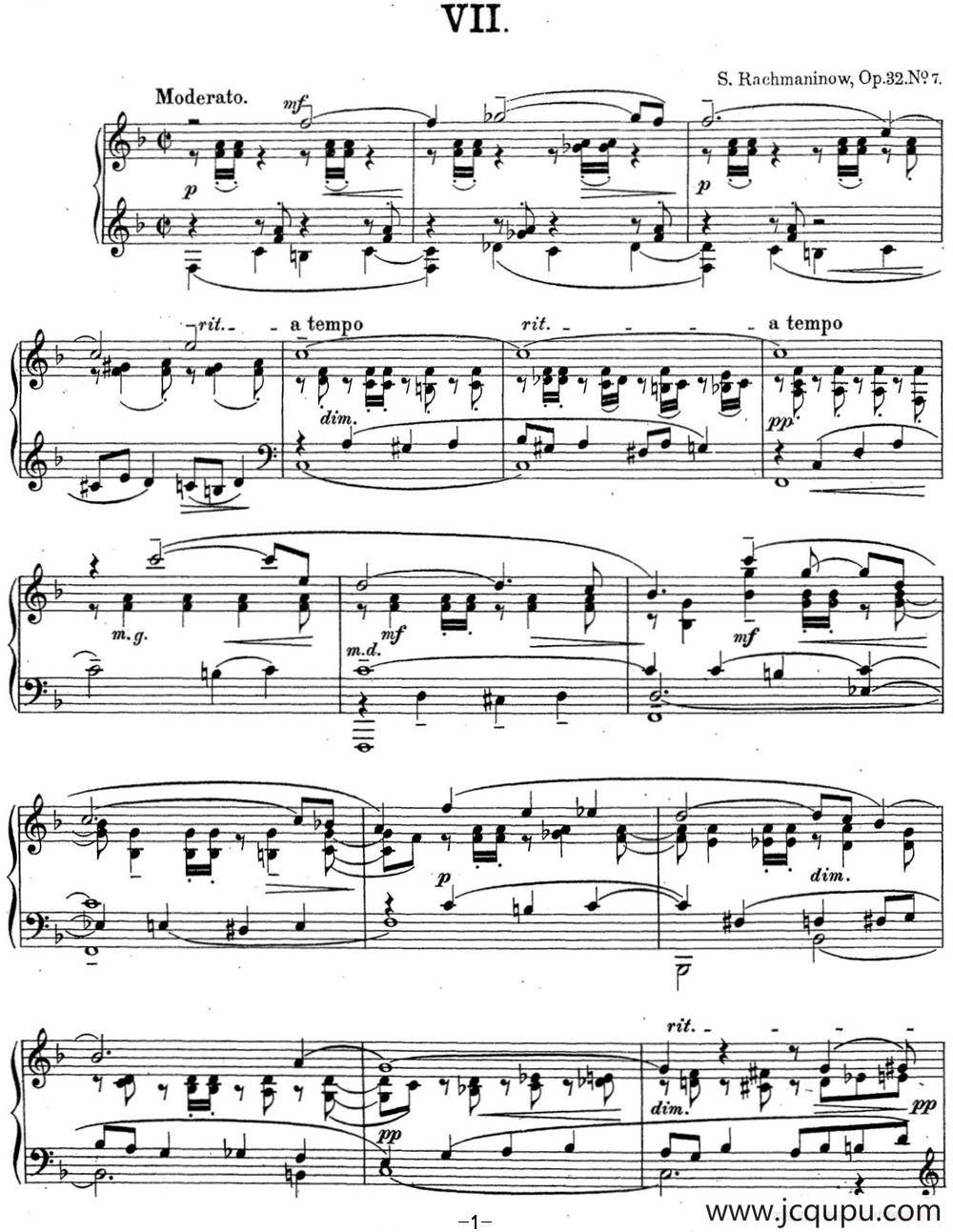 拉赫玛尼诺夫 钢琴前奏曲18 F大调 Op.32 No.7简谱