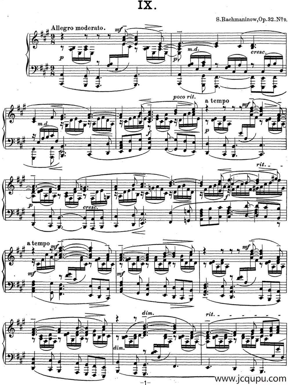 拉赫玛尼诺夫 钢琴前奏曲20 A大调 Op.32 No.9简谱