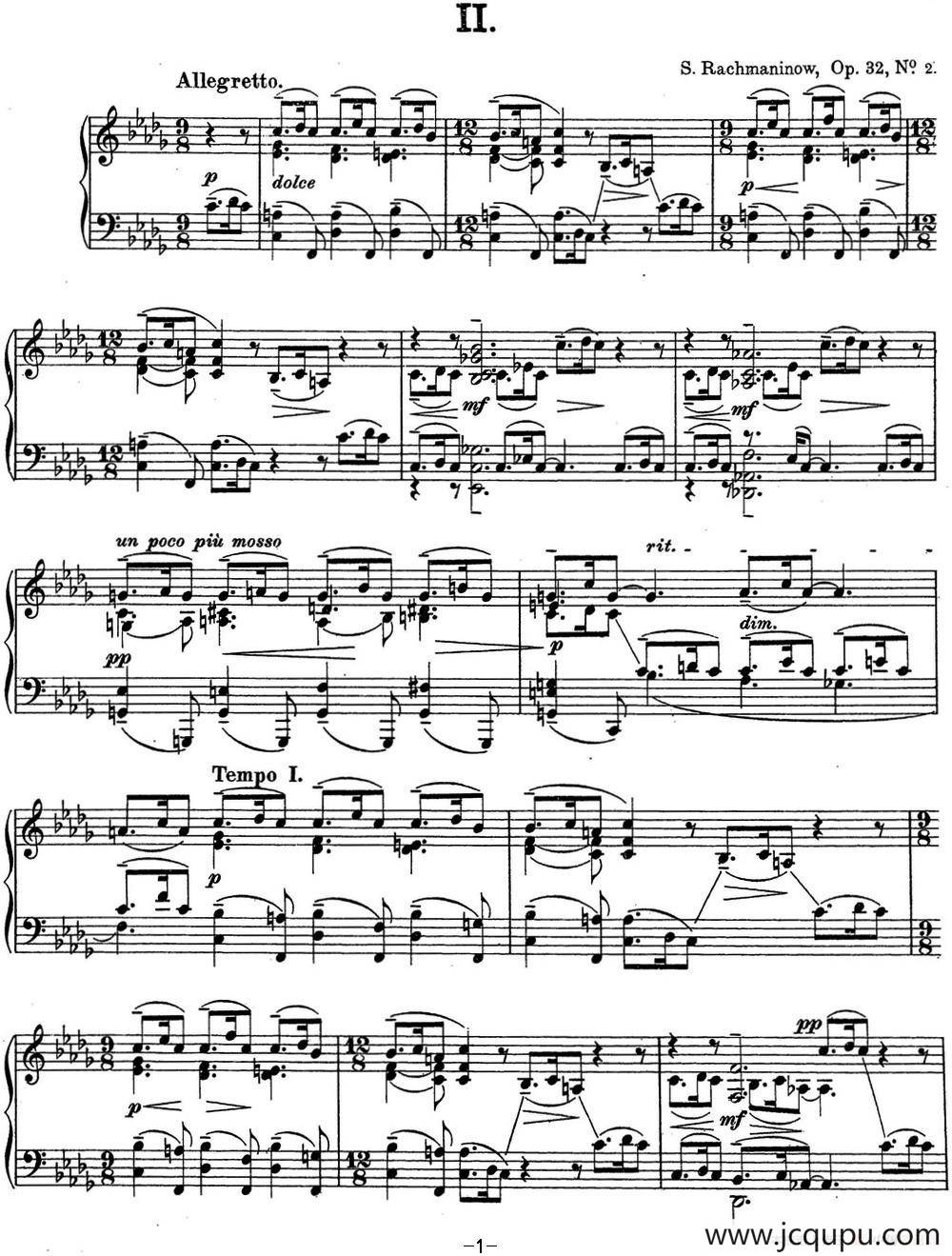 拉赫玛尼诺夫 钢琴前奏曲13 降B小调 Op.32 No.2简谱