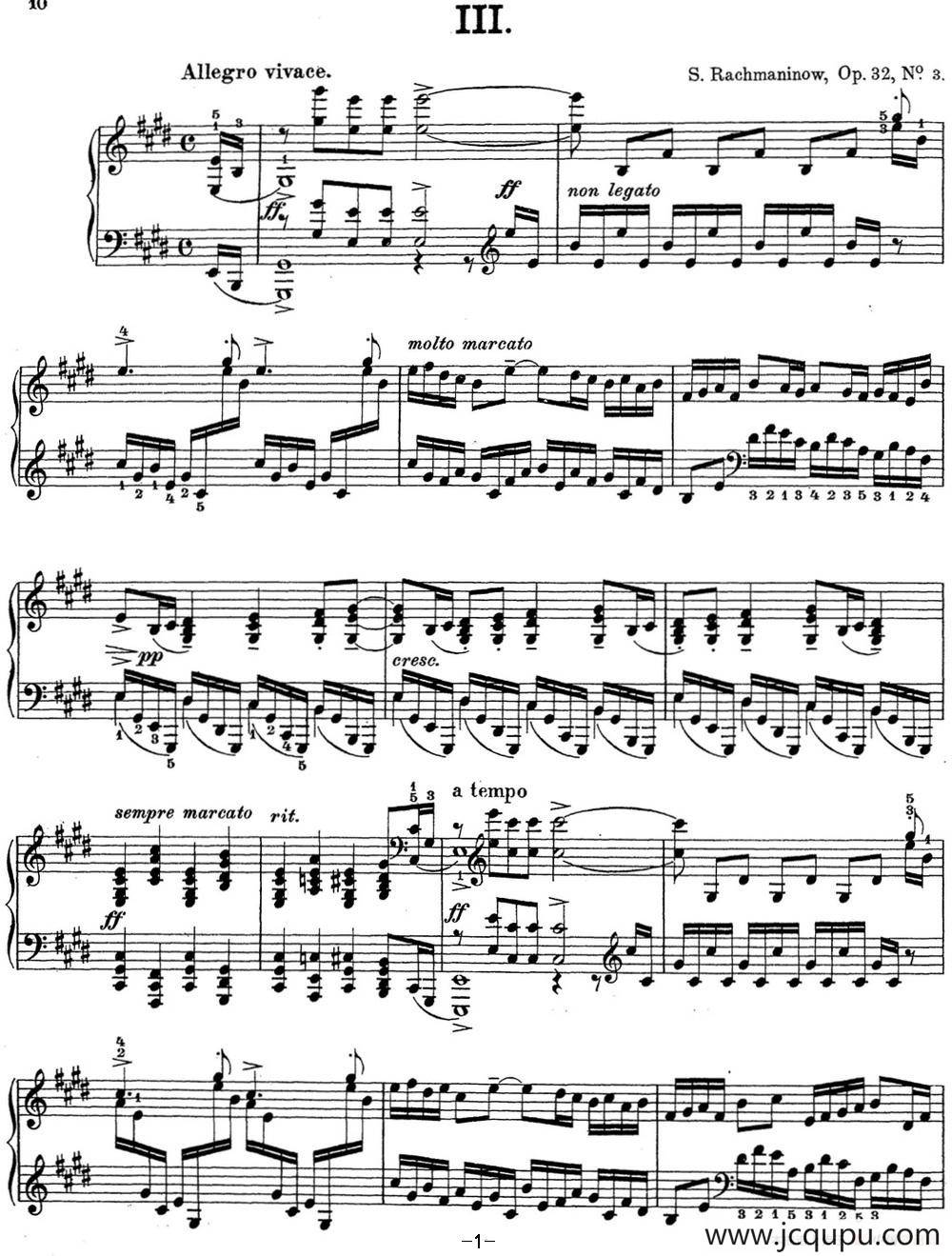 拉赫玛尼诺夫 钢琴前奏曲14 E大调 Op.32 No.3简谱