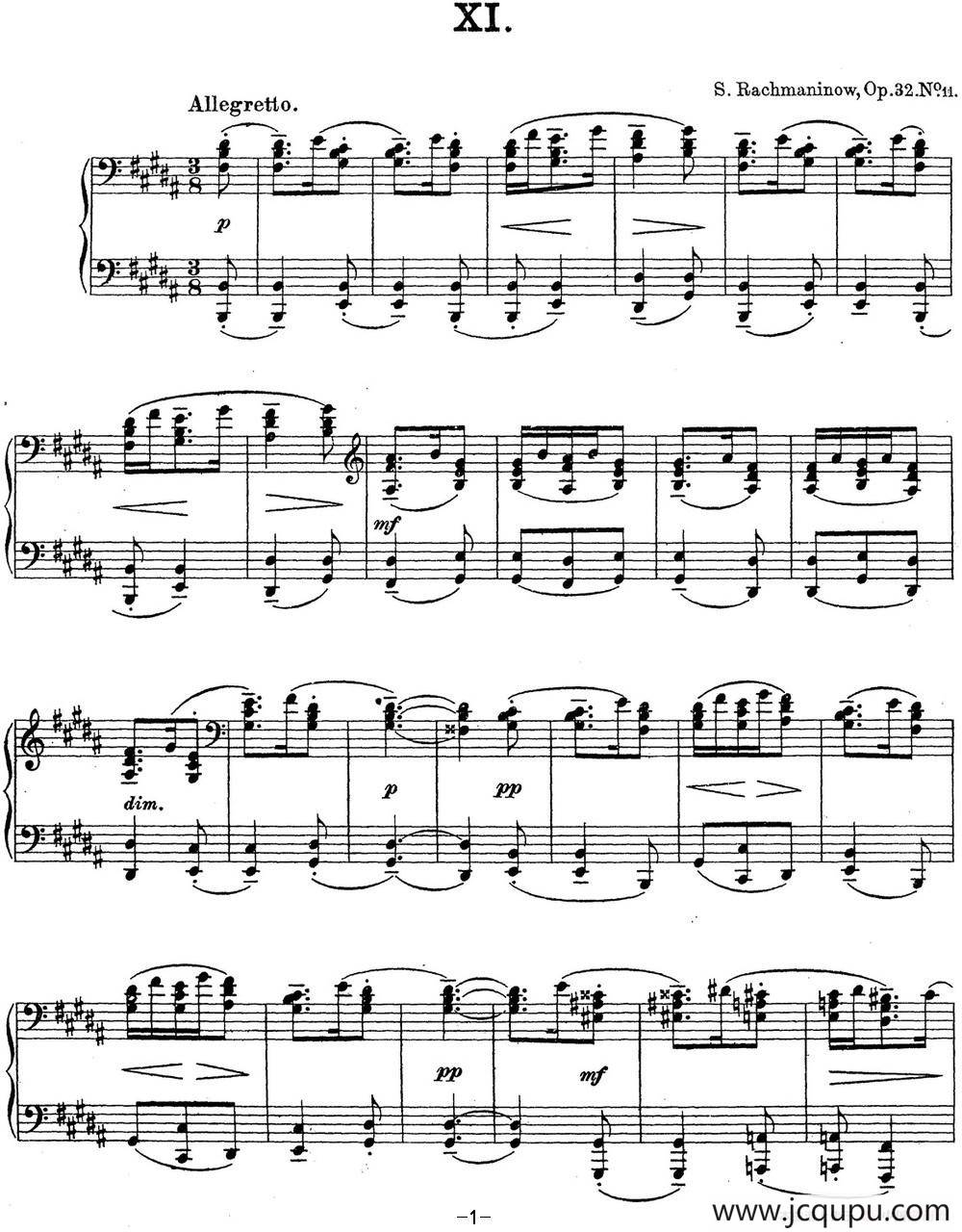 拉赫玛尼诺夫 钢琴前奏曲22 B大调 Op.32 No.11简谱