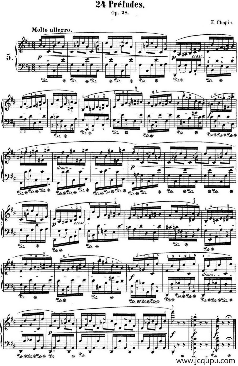 肖邦 24首钢琴前奏曲 Op.28 No.5 D大调简谱