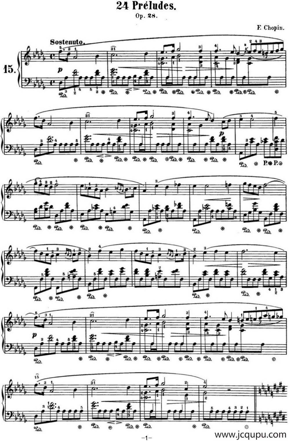 肖邦 24首钢琴前奏曲 Op.28 No.15 降D大调 雨滴简谱