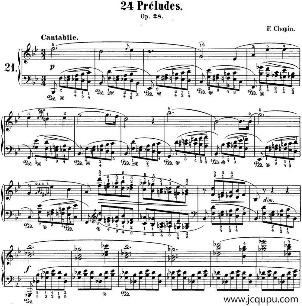 肖邦 24首钢琴前奏曲 Op.28 No.21 降B大调简谱