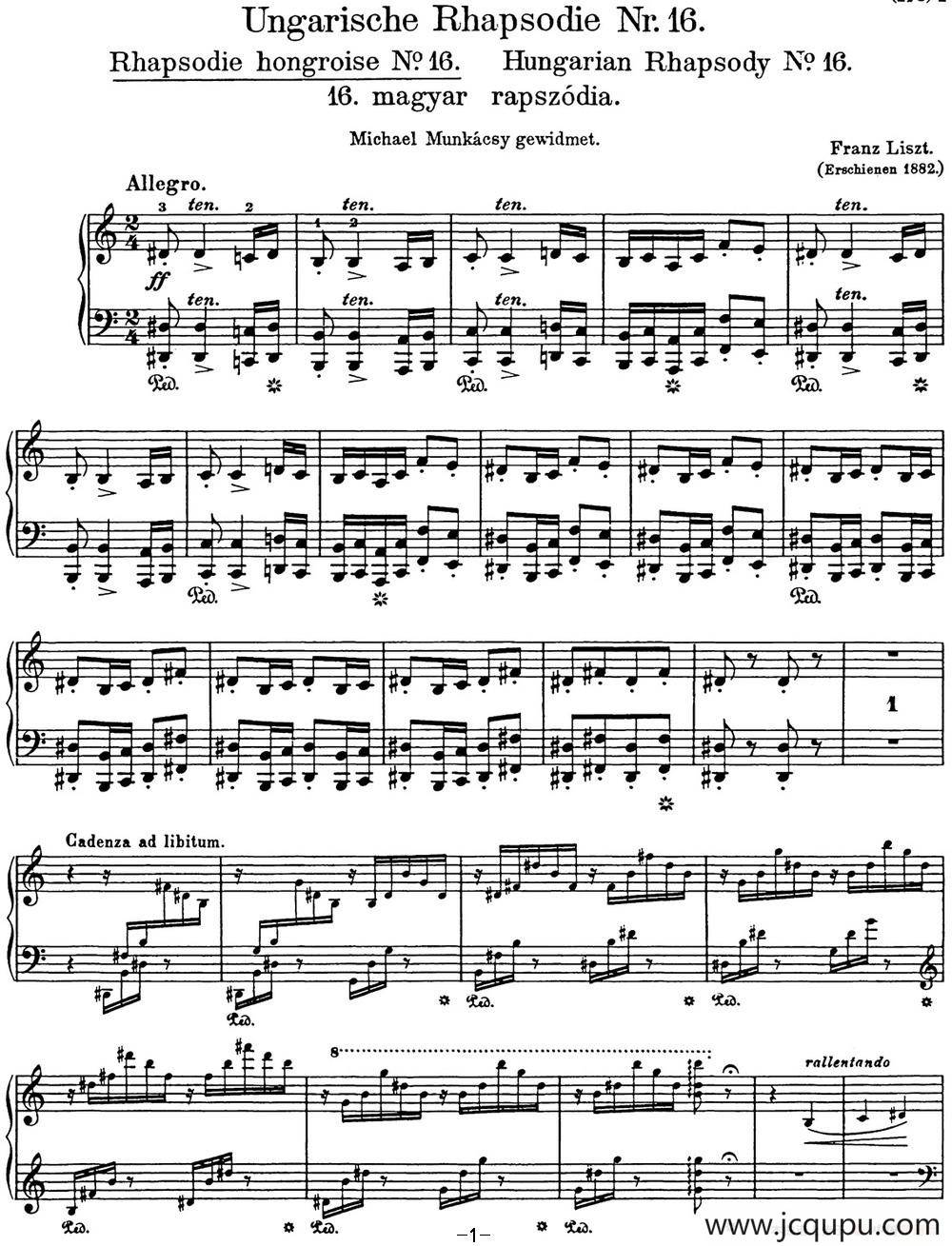 李斯特 匈牙利狂想曲CD Hungarian Rhapsodies S.244 No.16简谱