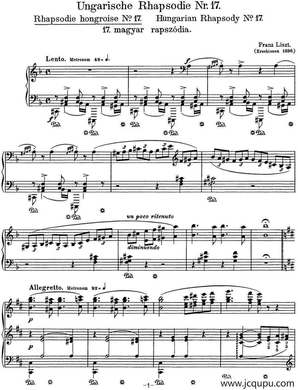 李斯特 匈牙利狂想曲CD Hungarian Rhapsodies S.244 No.17简谱