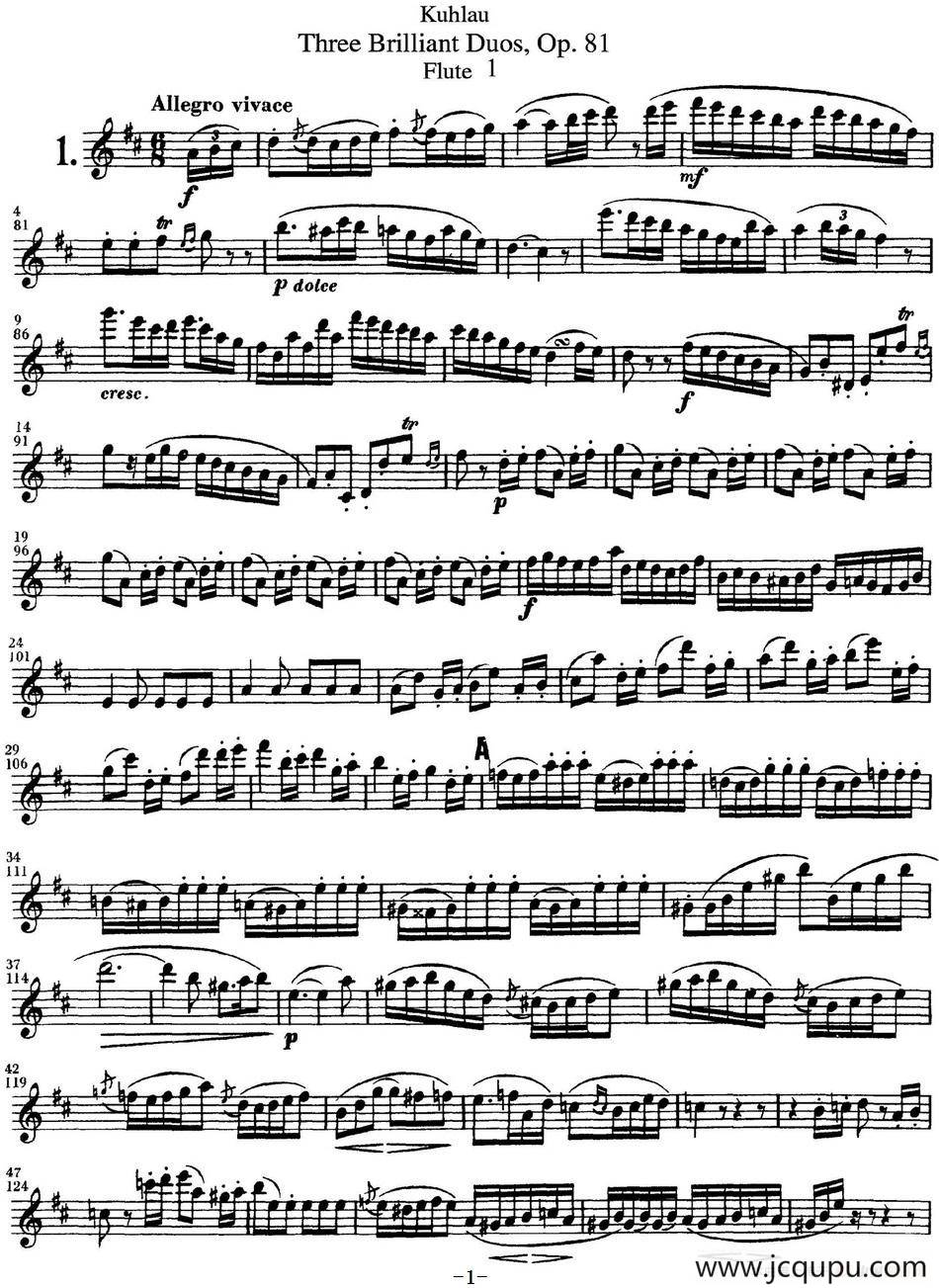 库劳长笛二重奏练习三段OP.81——Flute 1（NO.1）简谱