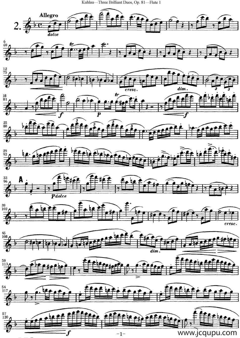 库劳长笛二重奏练习三段OP.81——Flute 1（NO.2）简谱