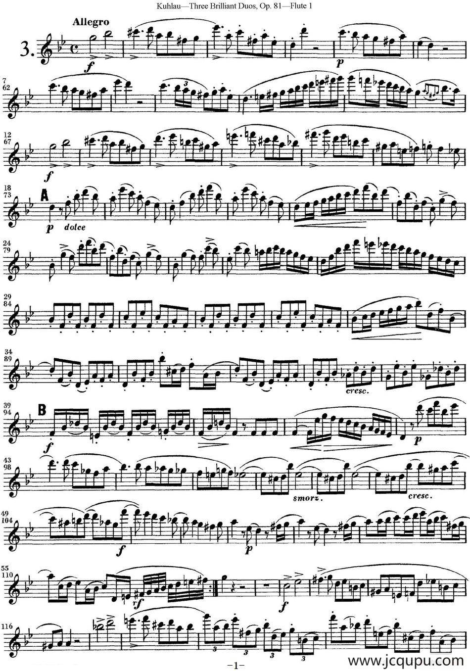 库劳长笛二重奏练习三段OP.81——Flute 1（NO.3）简谱