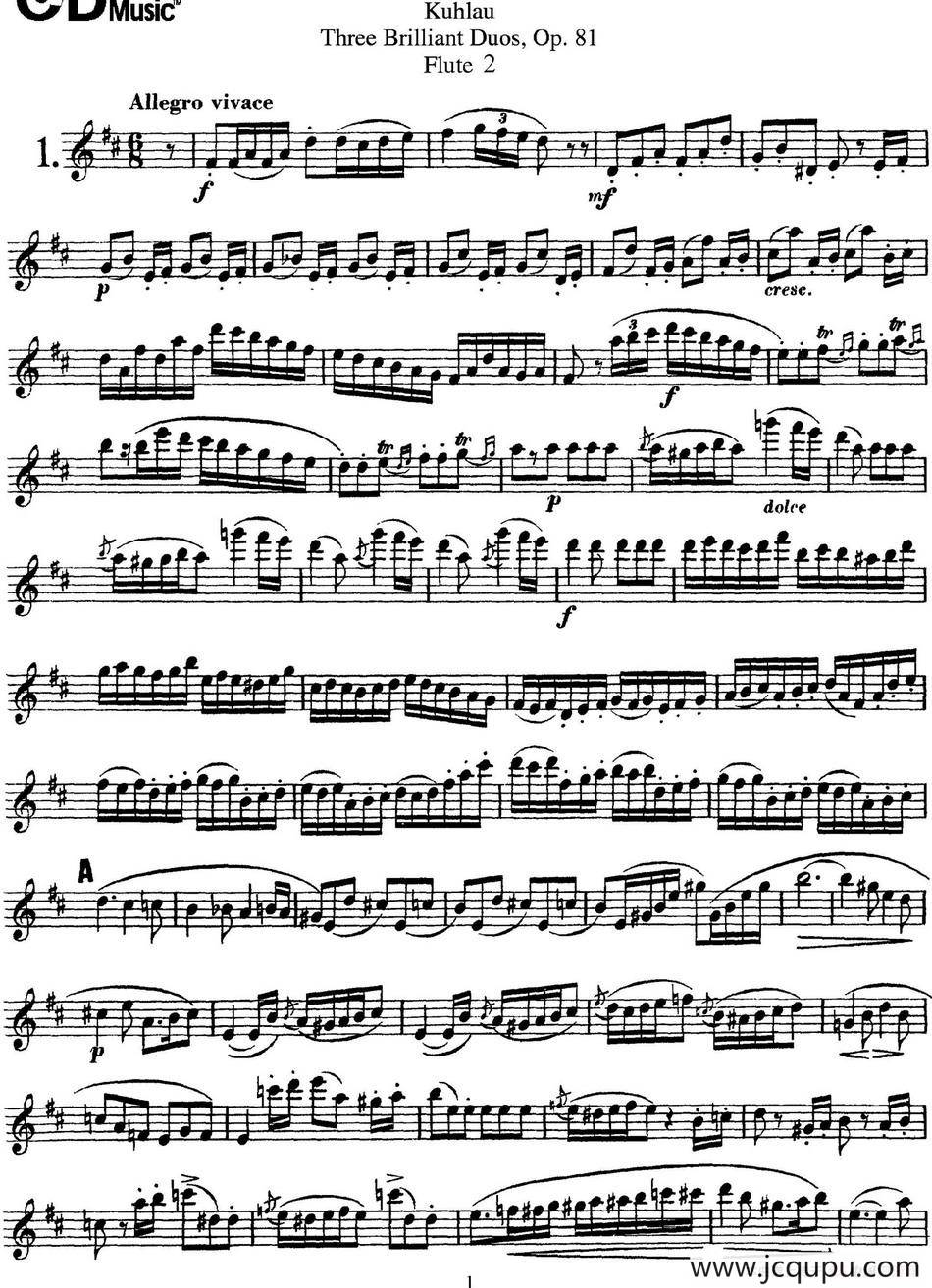 库劳长笛二重奏练习三段OP.81——Flute 2（NO.1）简谱