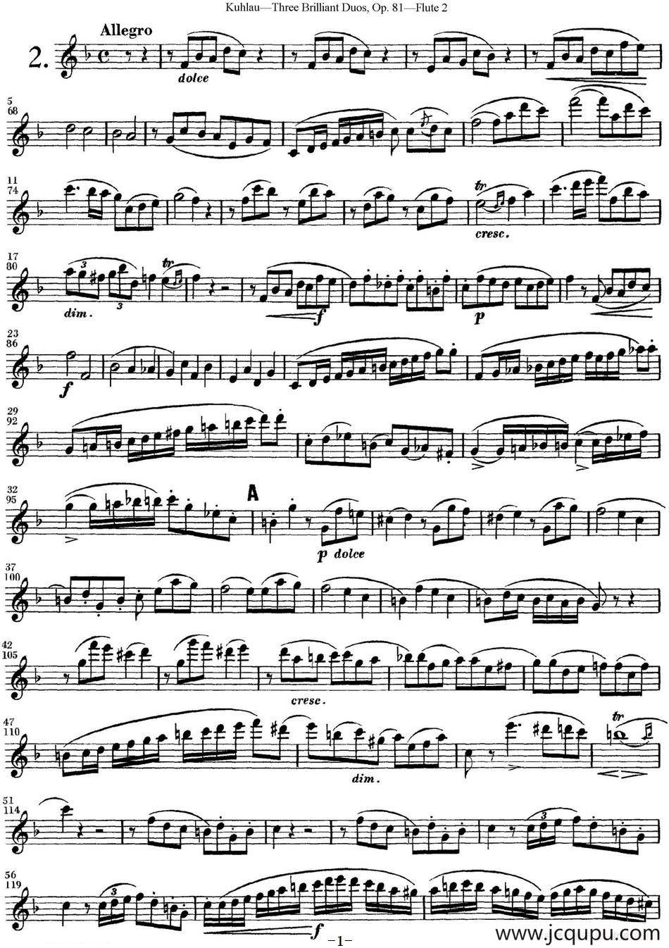 库劳长笛二重奏练习三段OP.81——Flute 2（NO.2）简谱