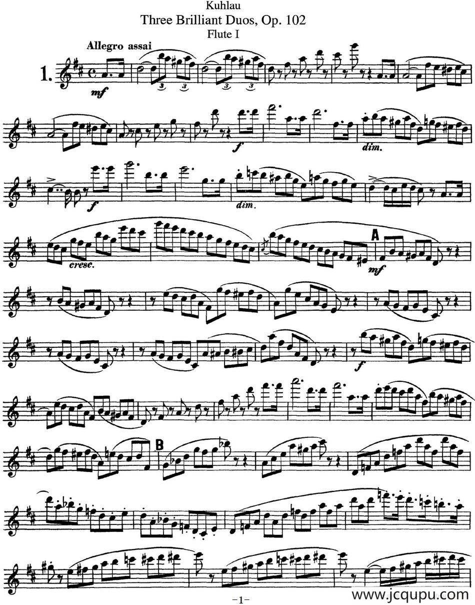 库劳长笛二重奏练习三段OP.102——Flute 1（NO.1）简谱
