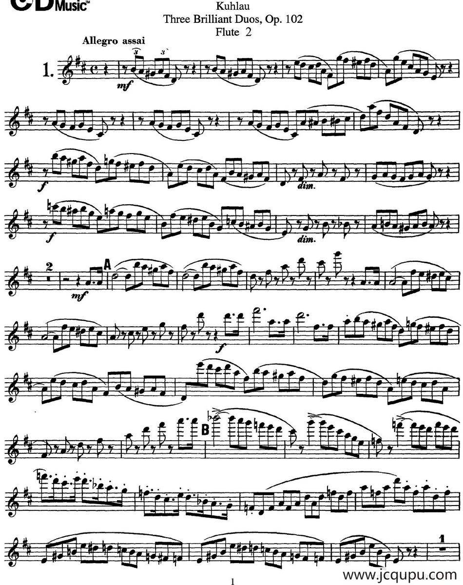 库劳长笛二重奏练习三段OP.102——Flute 2（NO.1）简谱