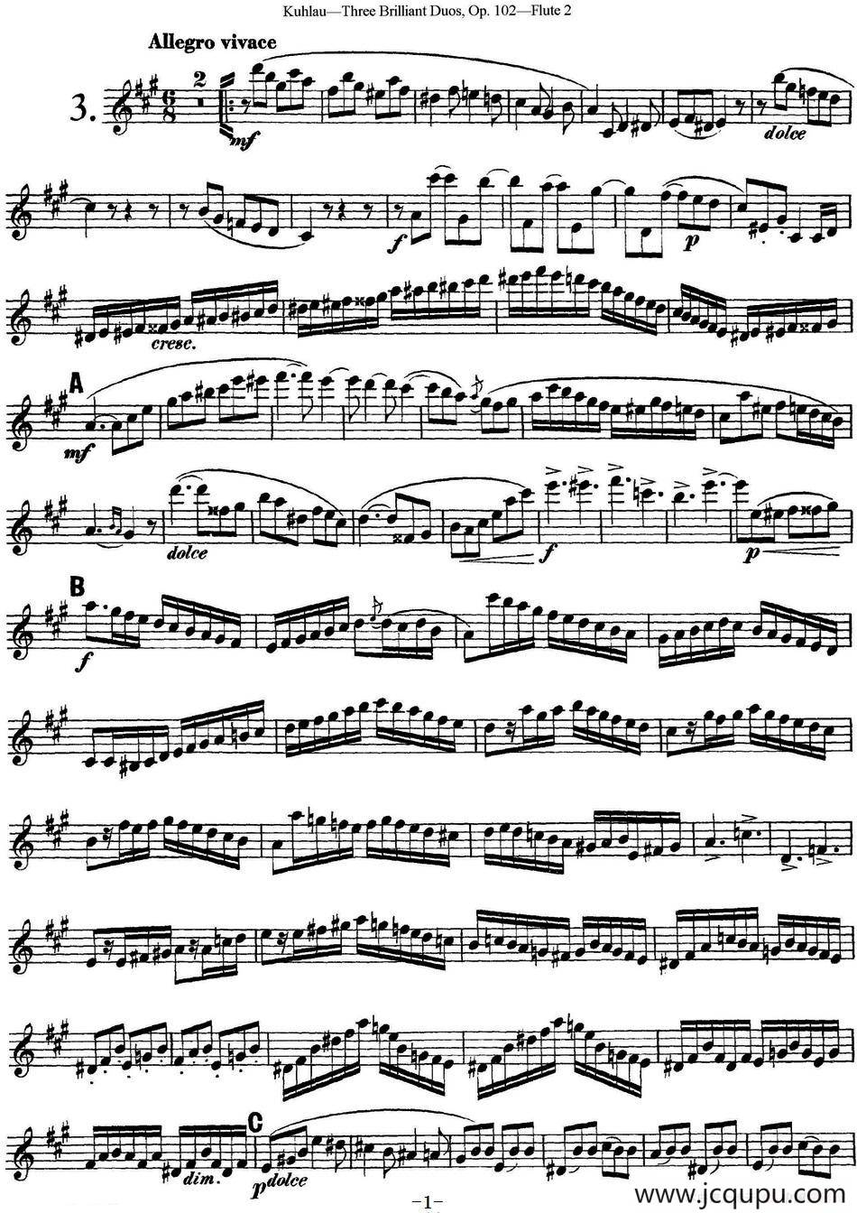 库劳长笛二重奏练习三段OP.102——Flute 2（NO.3）简谱