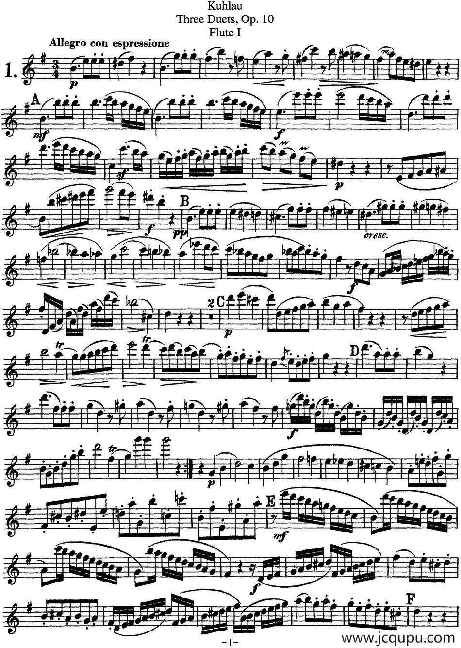 库劳长笛二重奏练习曲Op.10——Flute 1（No.1）简谱