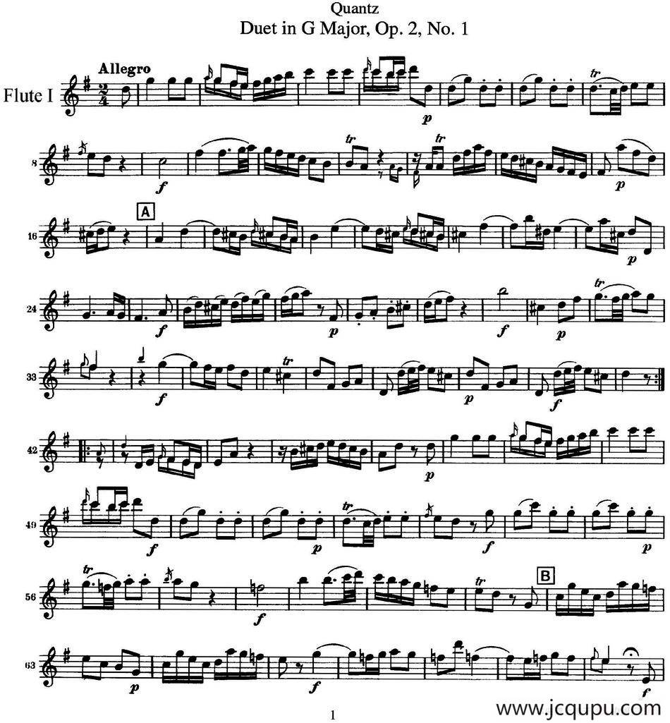 匡茨G大调长笛二重奏Op.2——Flute 1（No.1）简谱