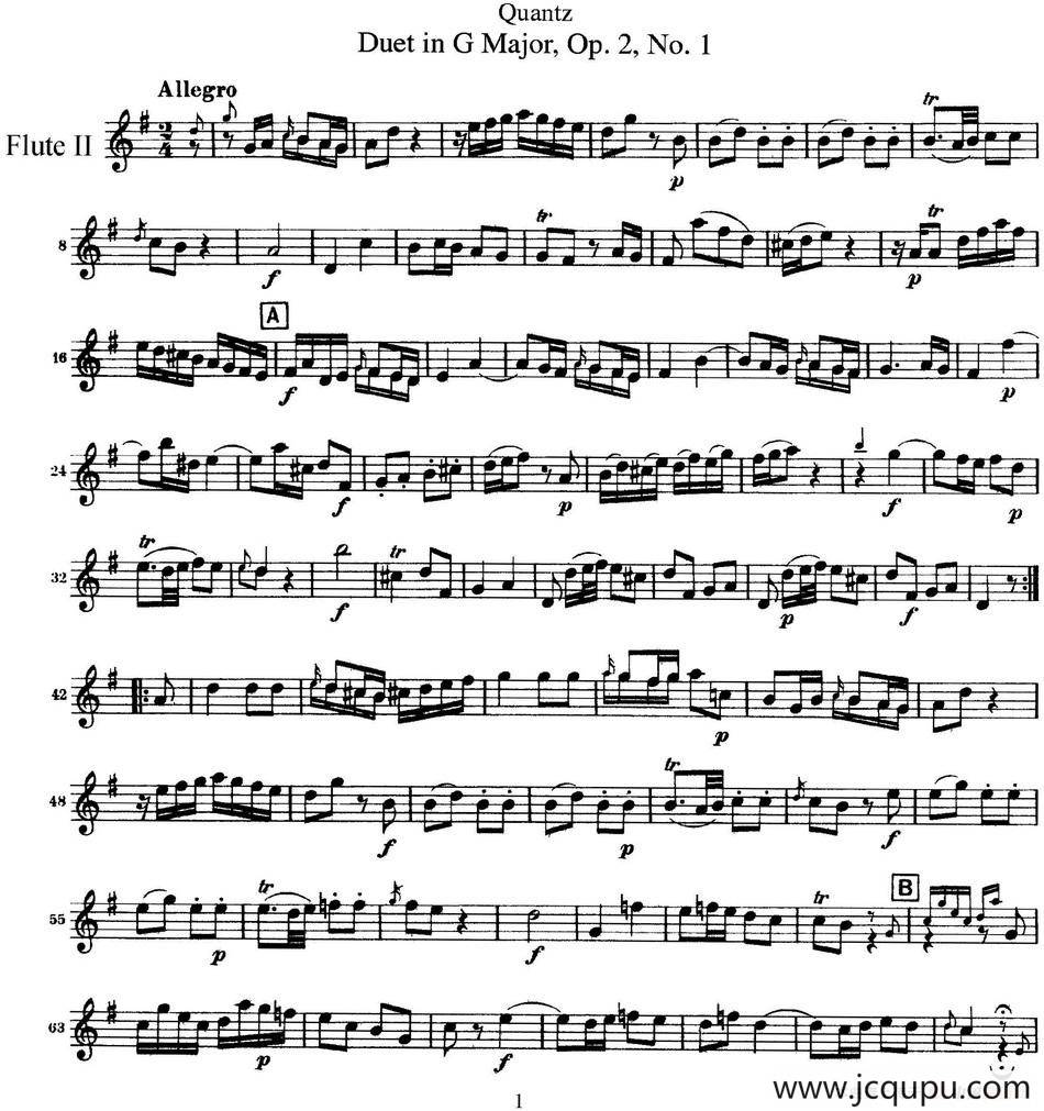 匡茨G大调长笛二重奏Op.2——Flute 2（No.1）简谱
