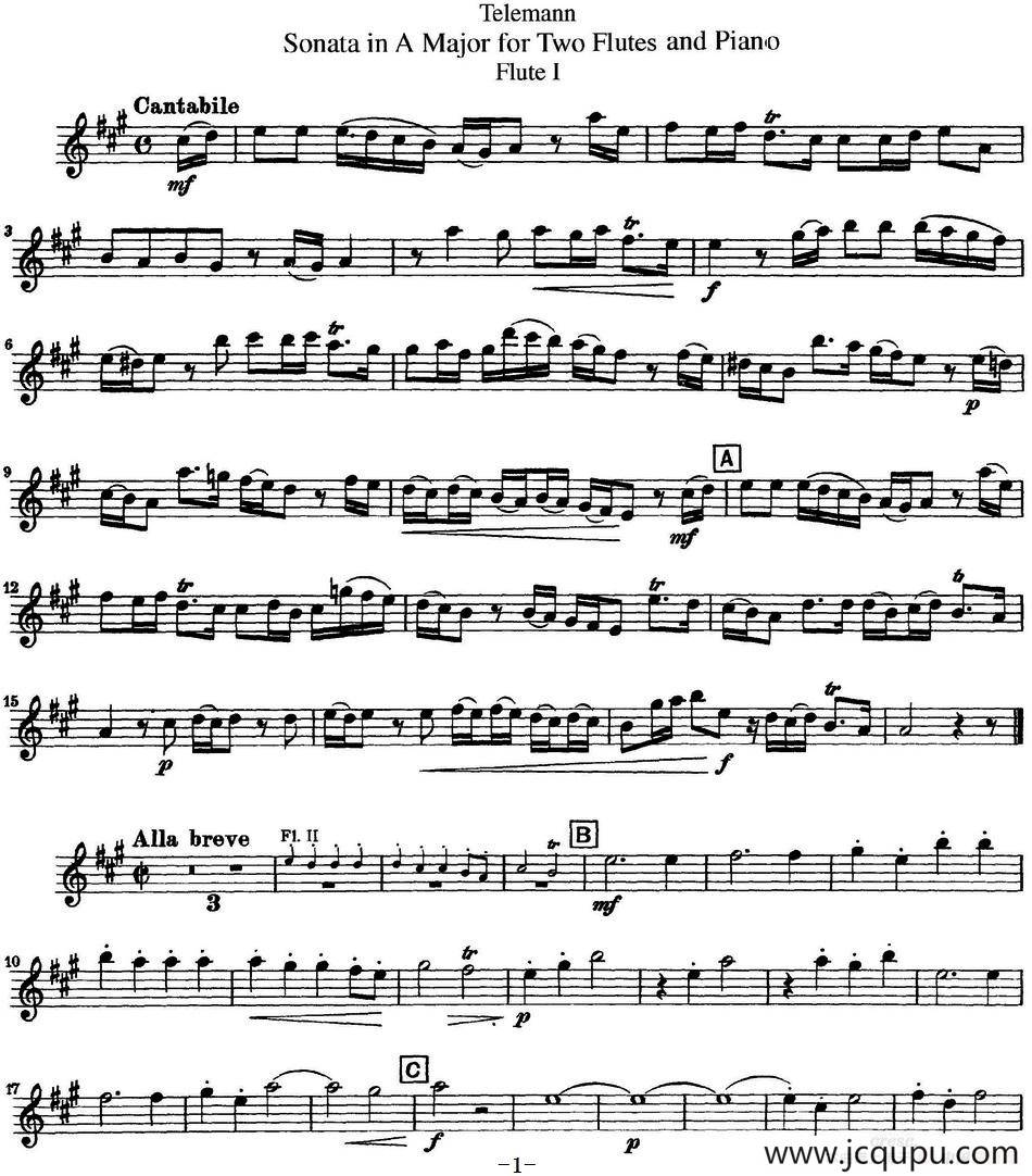 台莱曼A大调双长笛与钢琴奏鸣曲简谱