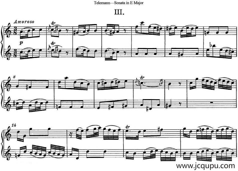 台莱曼E大调双长笛奏鸣曲 （No.3）简谱