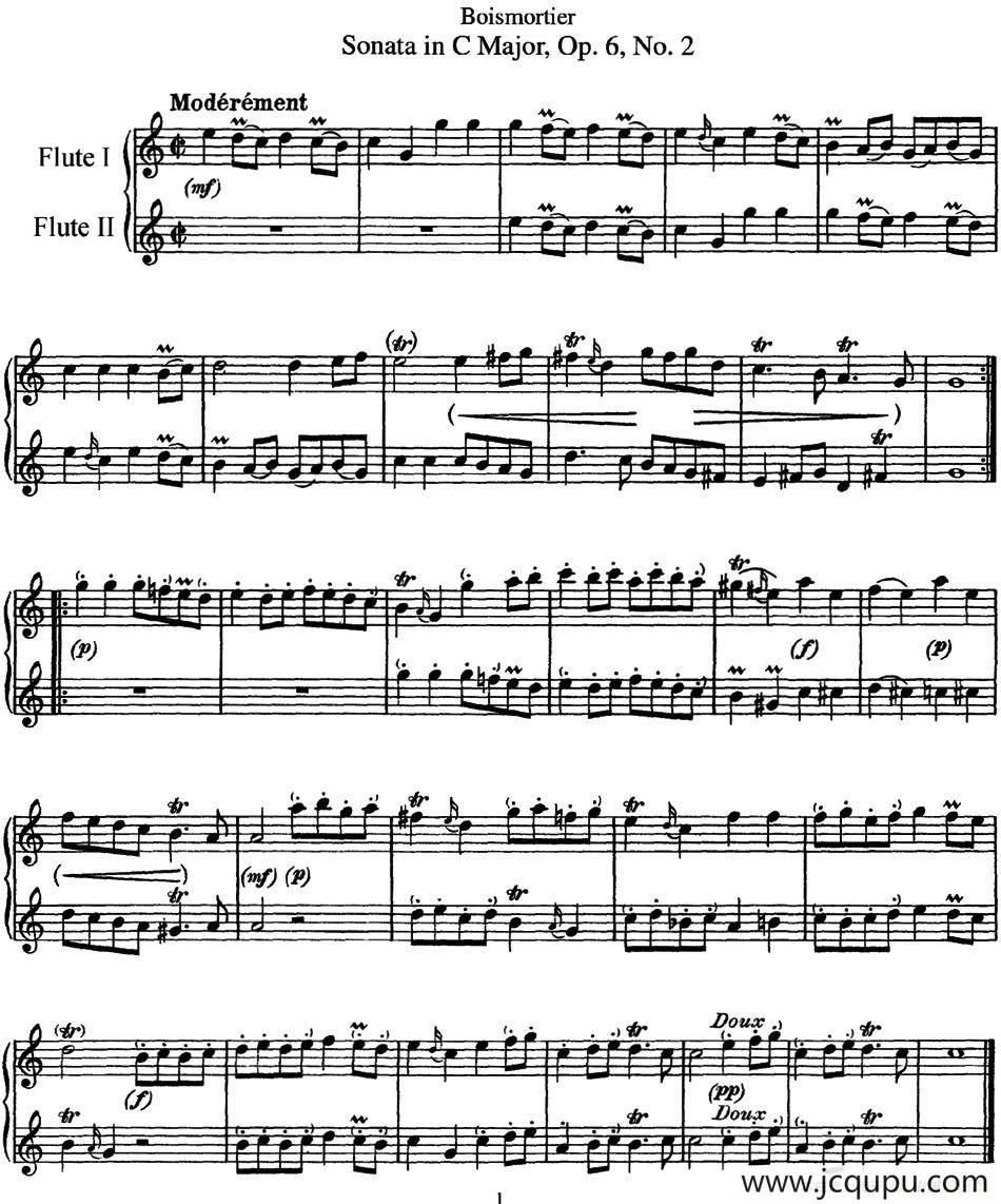 博伊斯卯绨C大调双长笛奏鸣曲Op.6（NO.2）简谱