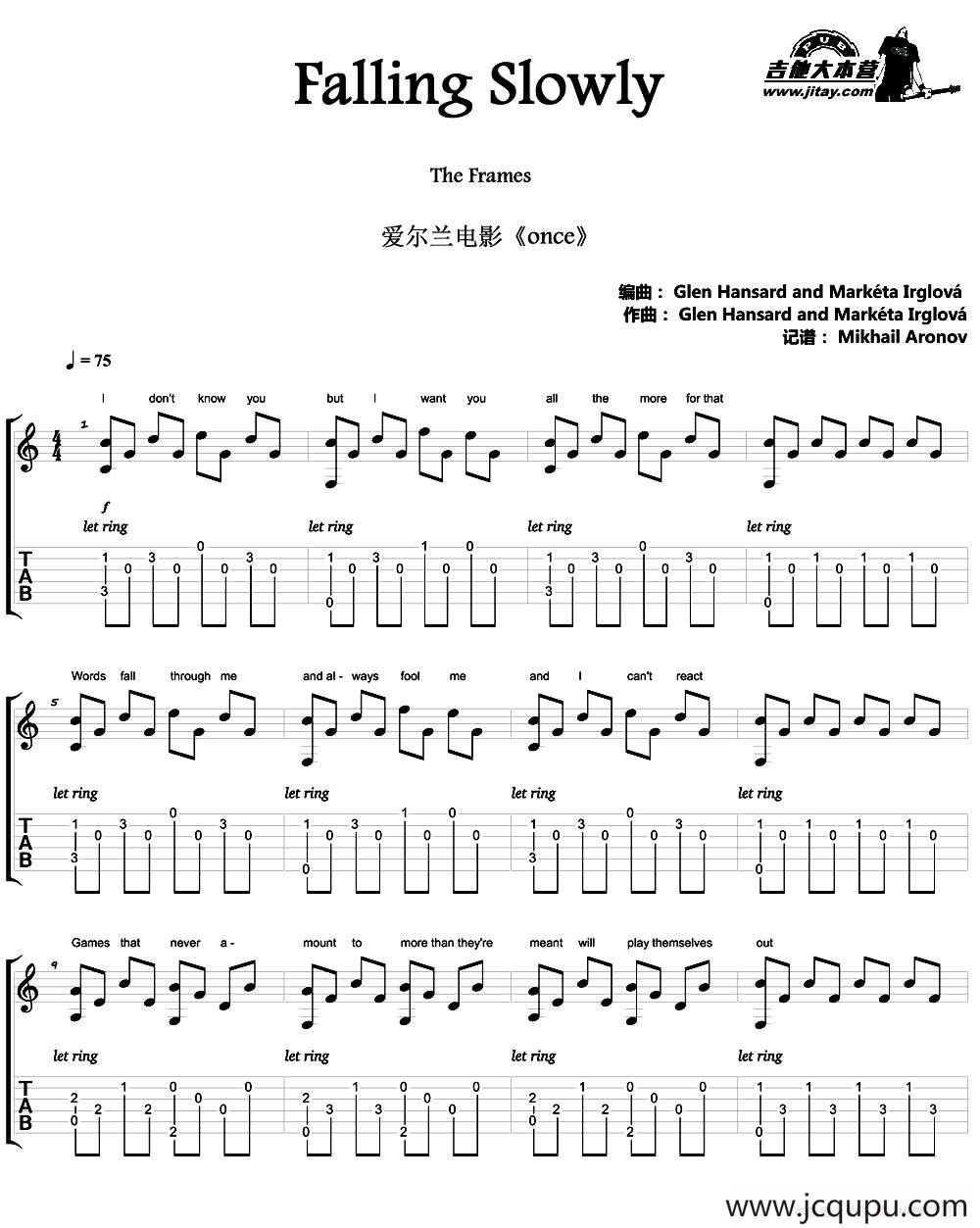 Falling Slowly（爱尔兰音乐电影《once》主题曲）简谱